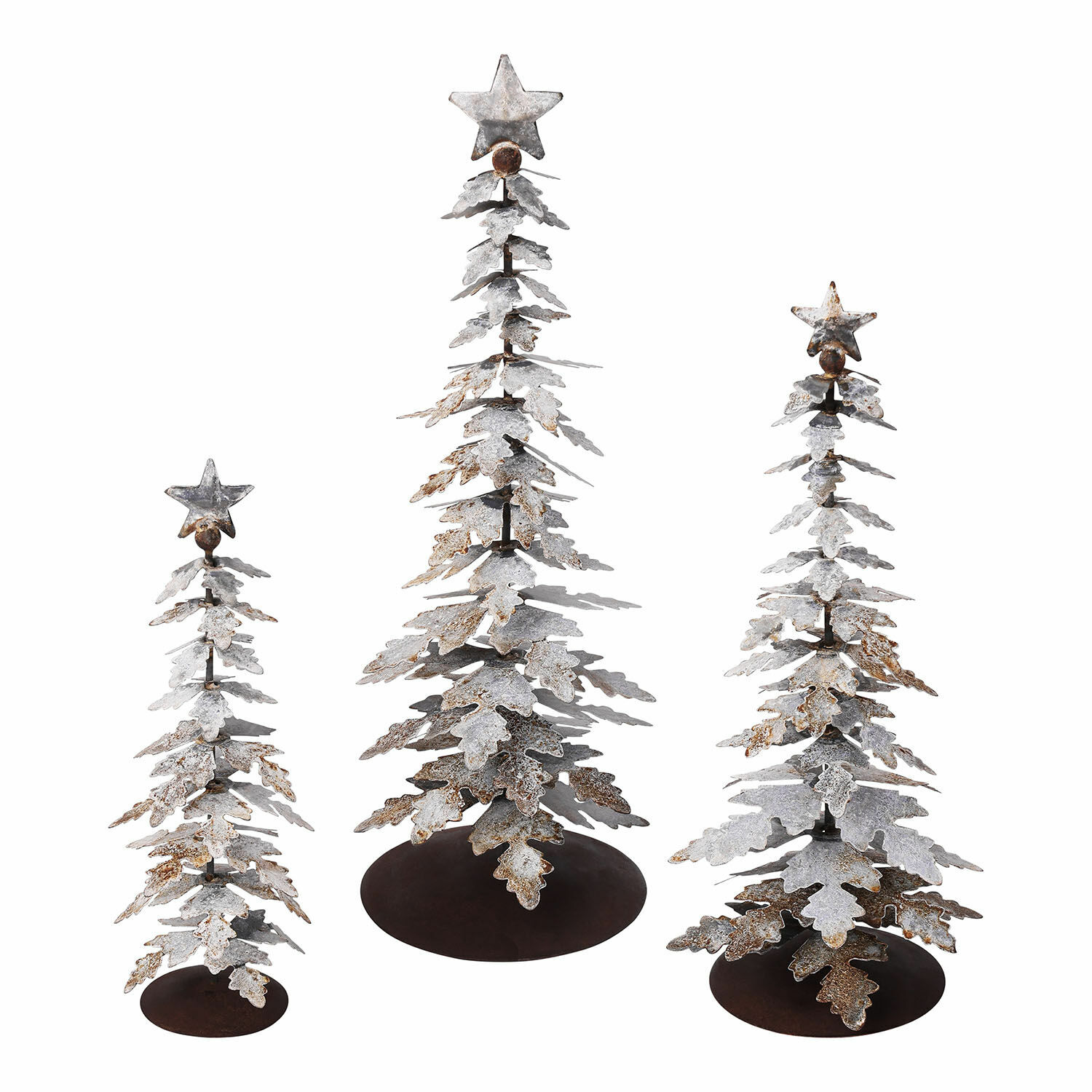 Deko-Baum 3er Set Laruns Set mit drei dekorativen Metall-Weihnachtsbäumen mit Sternen, silber-braune Weihnachtsdekoration