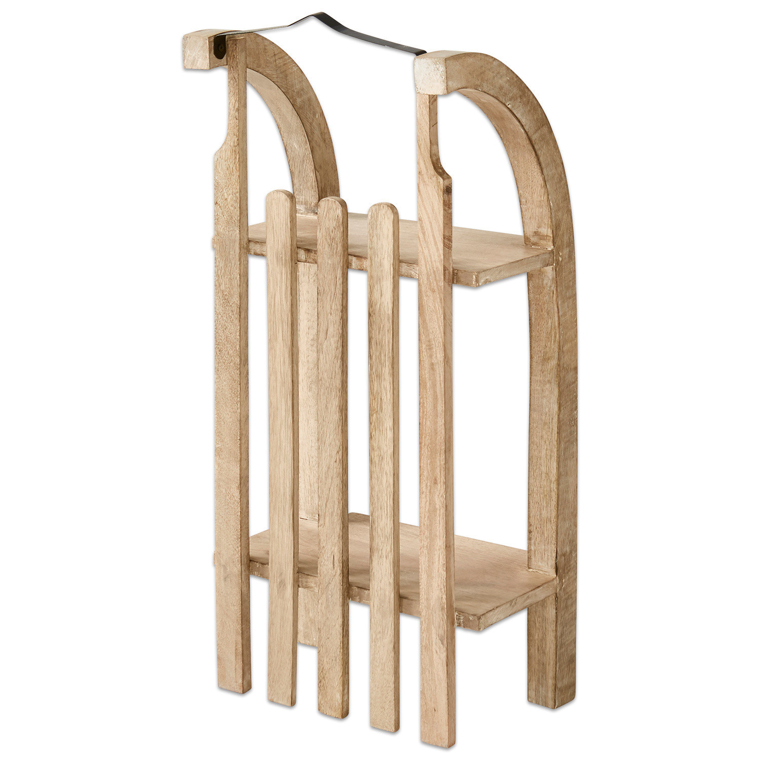 Regal Renier Holzständer aus Naturholz mit zwei Ablagen und Metallgriff zur Holzlagerung im rustikalen Stil