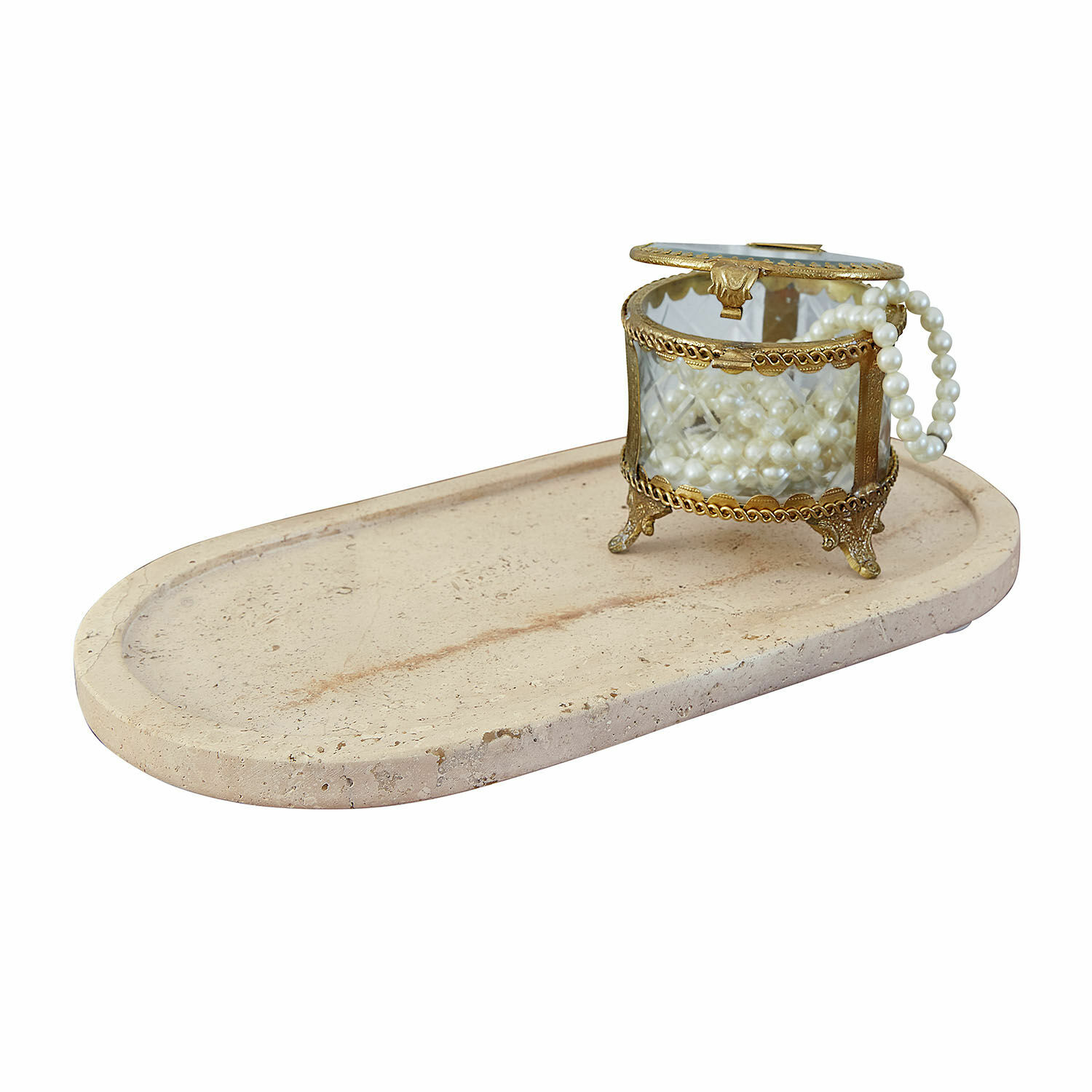 Schale Thalina Ovales Tablett aus Stein mit verziertem Schmuckkästchen aus Glas und Perlenkette