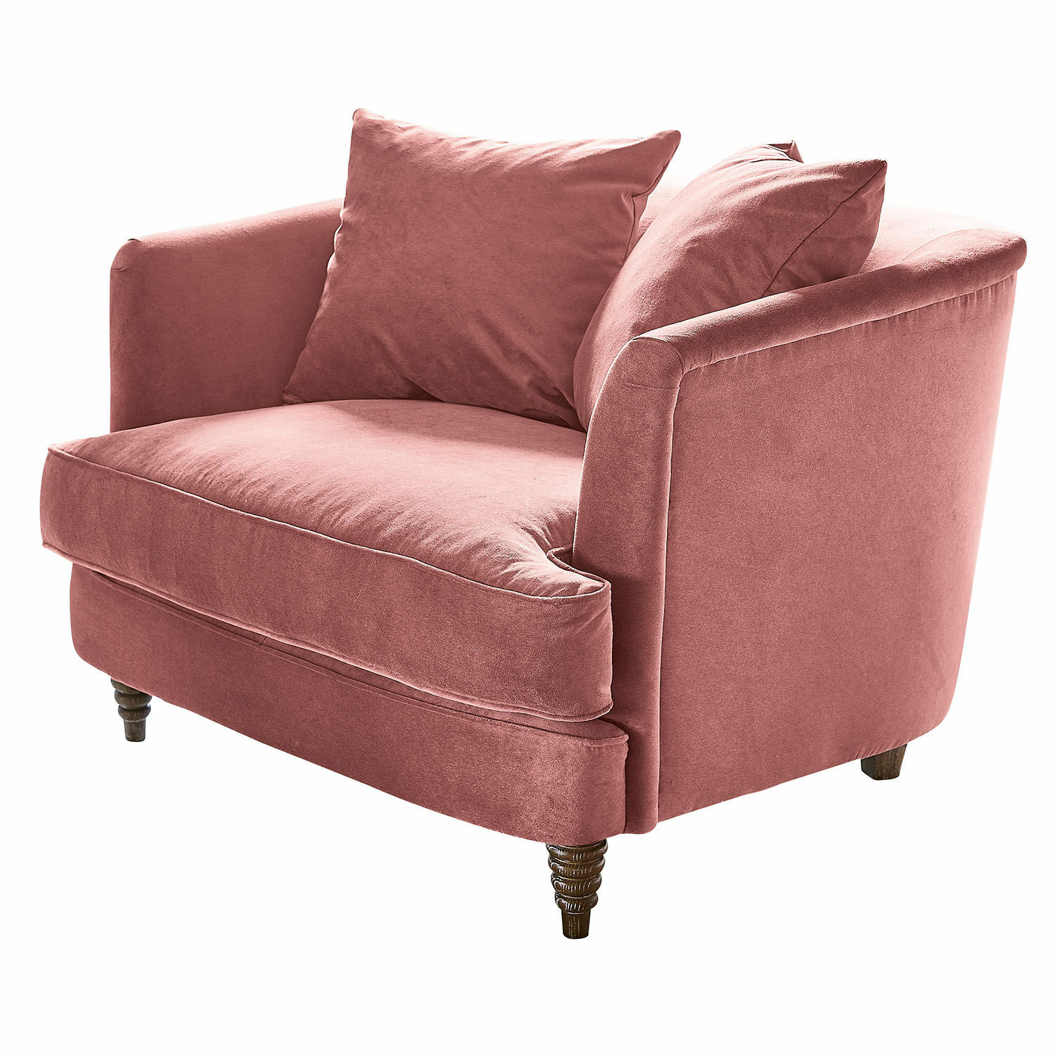 rosa Rosa Sessel Etueffont aus weichem Stoff mit Kissen und gedrechselten Holzbeinen für das Wohnzimmer