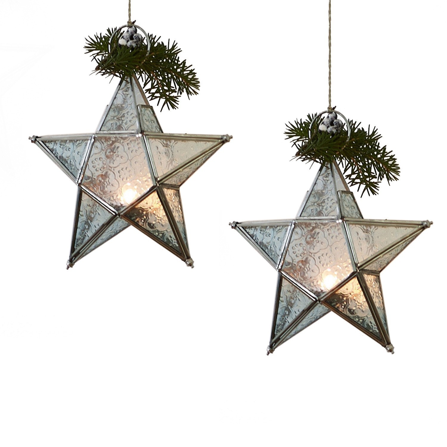 Windlicht 2er Set Kian Hängende Glassterne mit Metallrahmen und grünen Zweigen, LED-Weihnachtsdekoration
