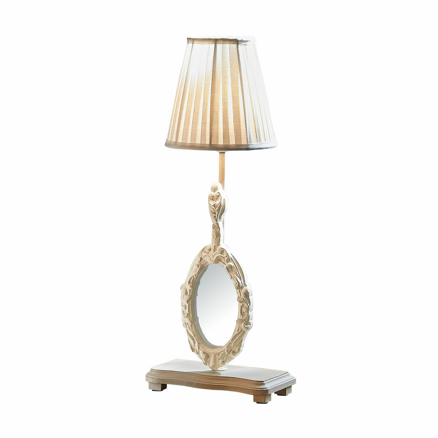 Tischlampe mit Spiegel Brannach Tischlampe aus weiss lackiertem Holz mit Lampenschirm und verziertem ovalem Spiegel im Vintage-Stil