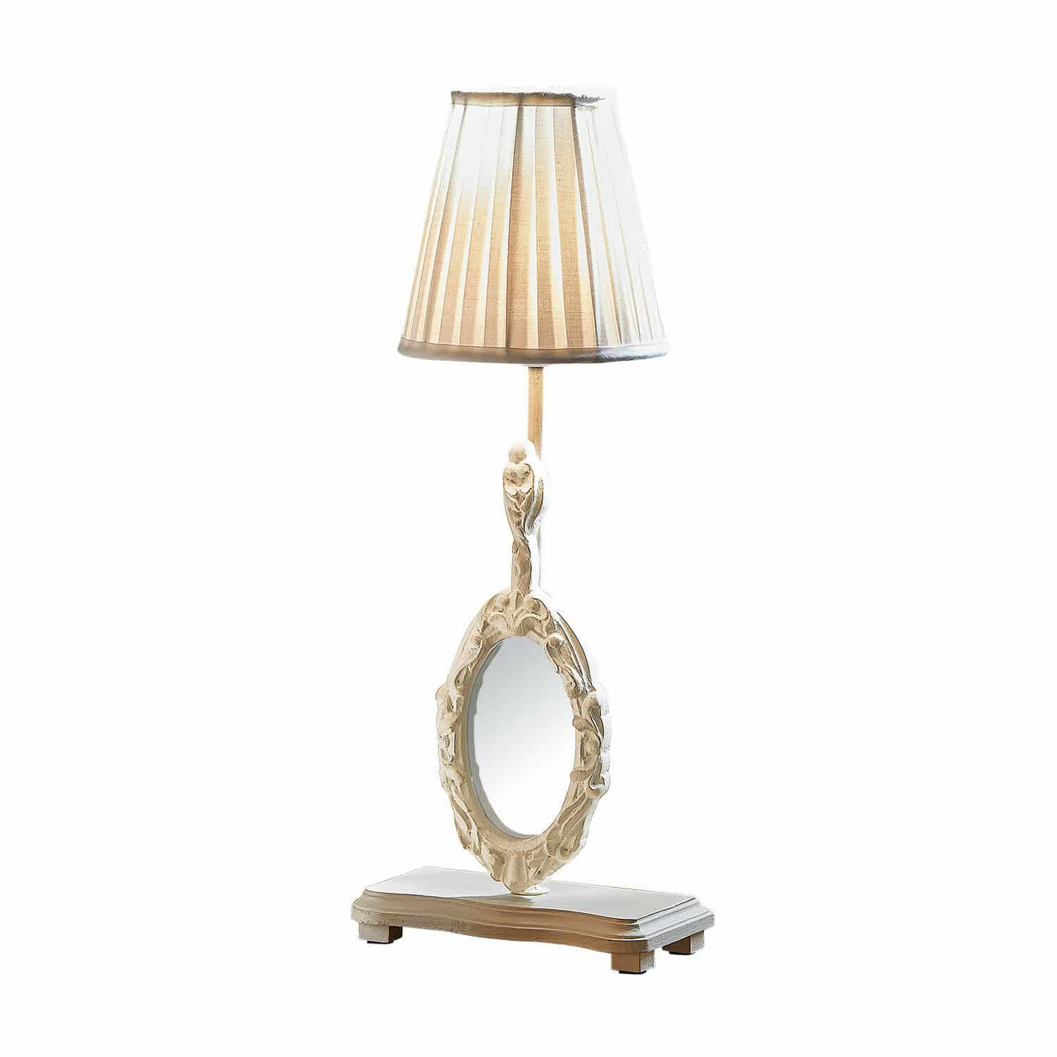 Tischlampe mit Spiegel Brannach Tischlampe aus weiss lackiertem Holz mit Lampenschirm und verziertem ovalem Spiegel im Vintage-Stil