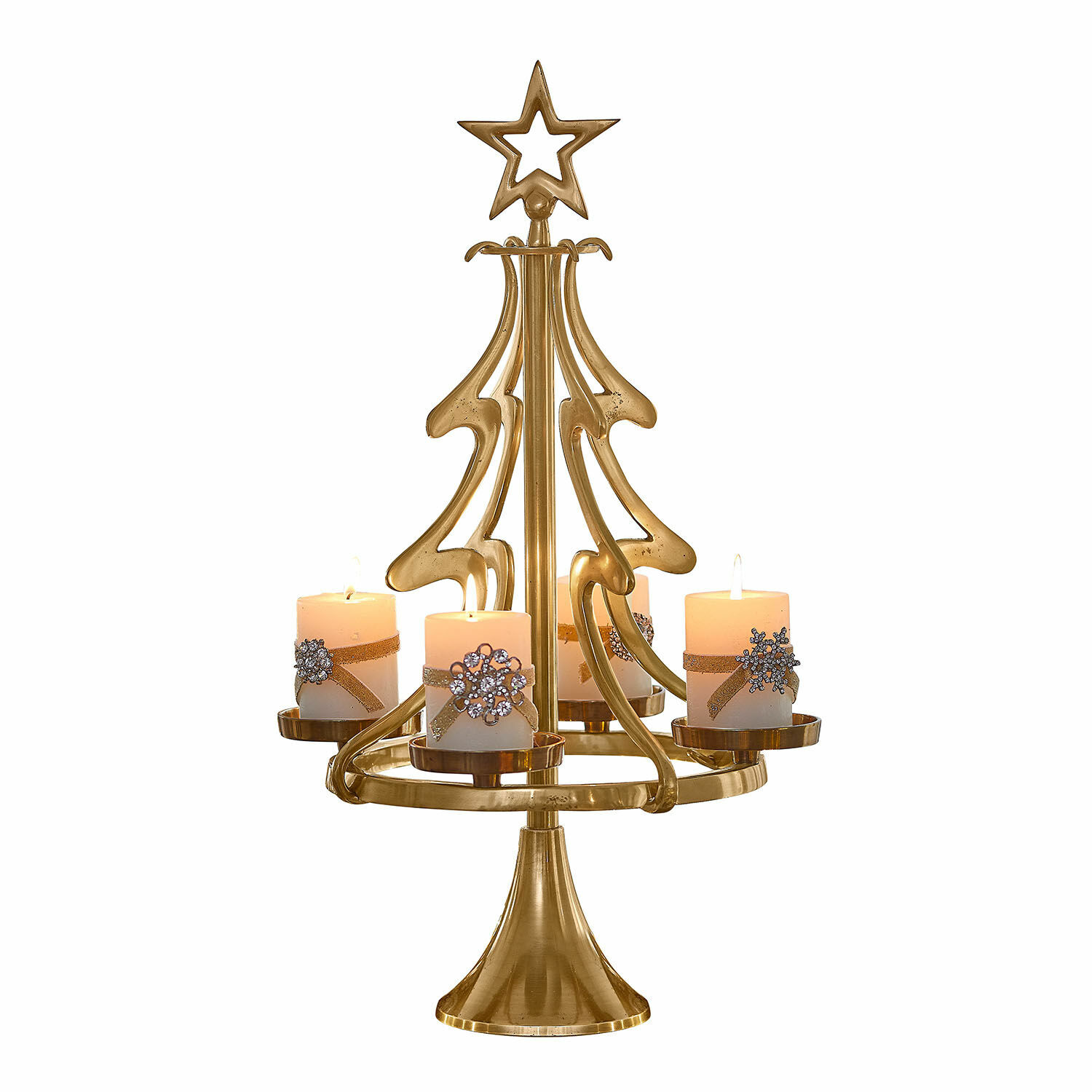 Adventskranzständer Gaetana Goldener Metallkerzenhalter in Tannenbaumform mit vier weissen Kerzen und Weihnachtsdekoration