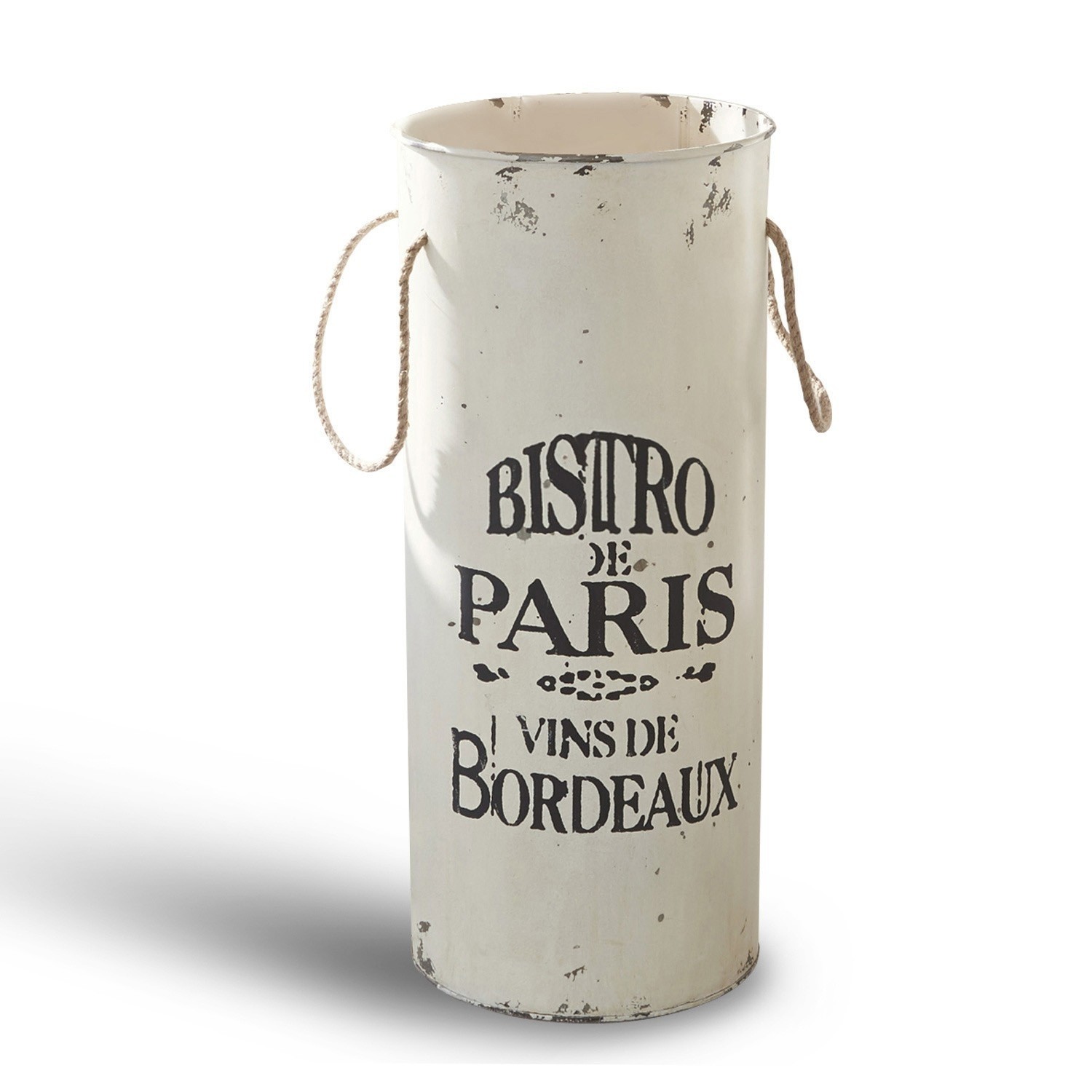 Schirmständer Bordeaux Weisser Metallbehälter mit Aufschrift Bistro de Paris und Kordelgriffen, dekorativer Vintage-Stil