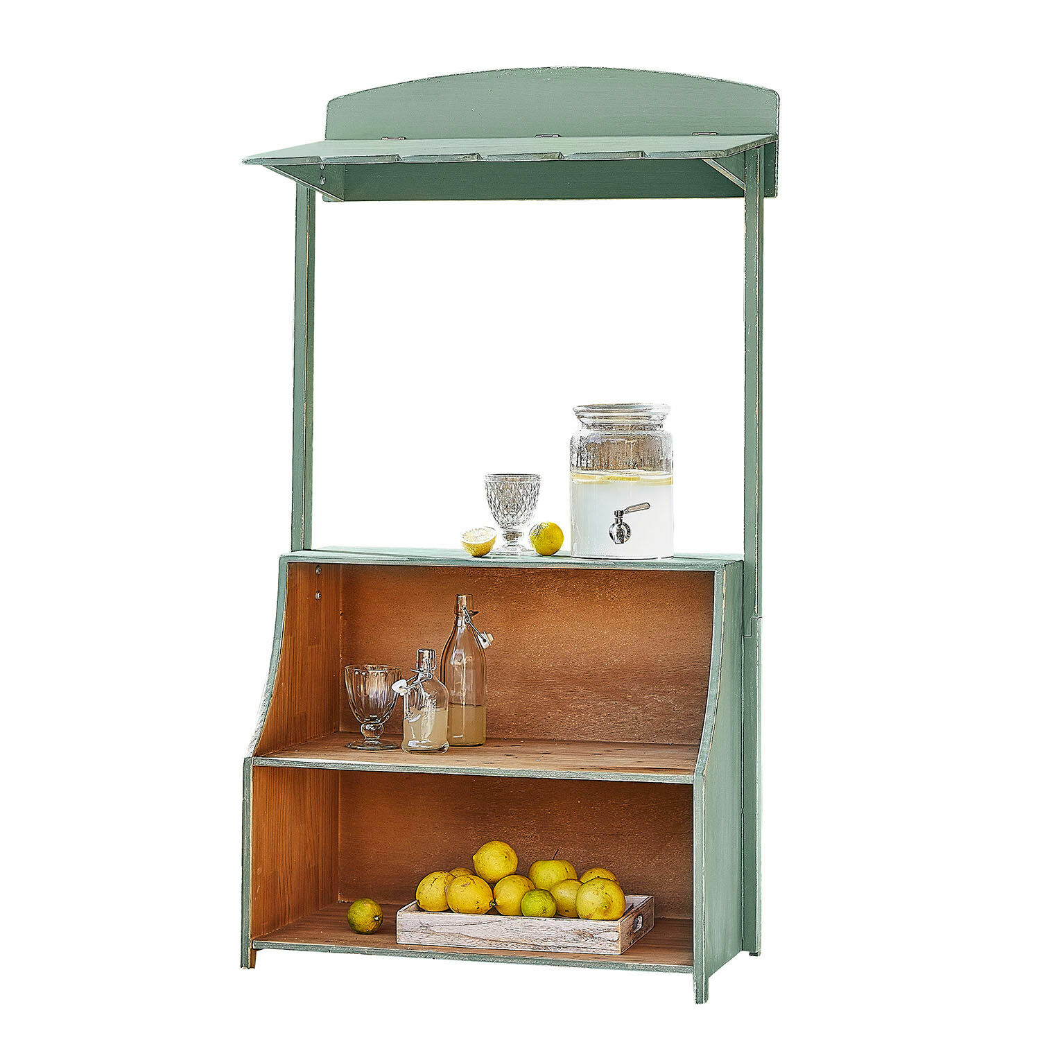 Limonadenstand Éclairon Grünes Holzregal mit Dach und Ablagen für Obst und Getränke, geeignet für Küche oder Garten