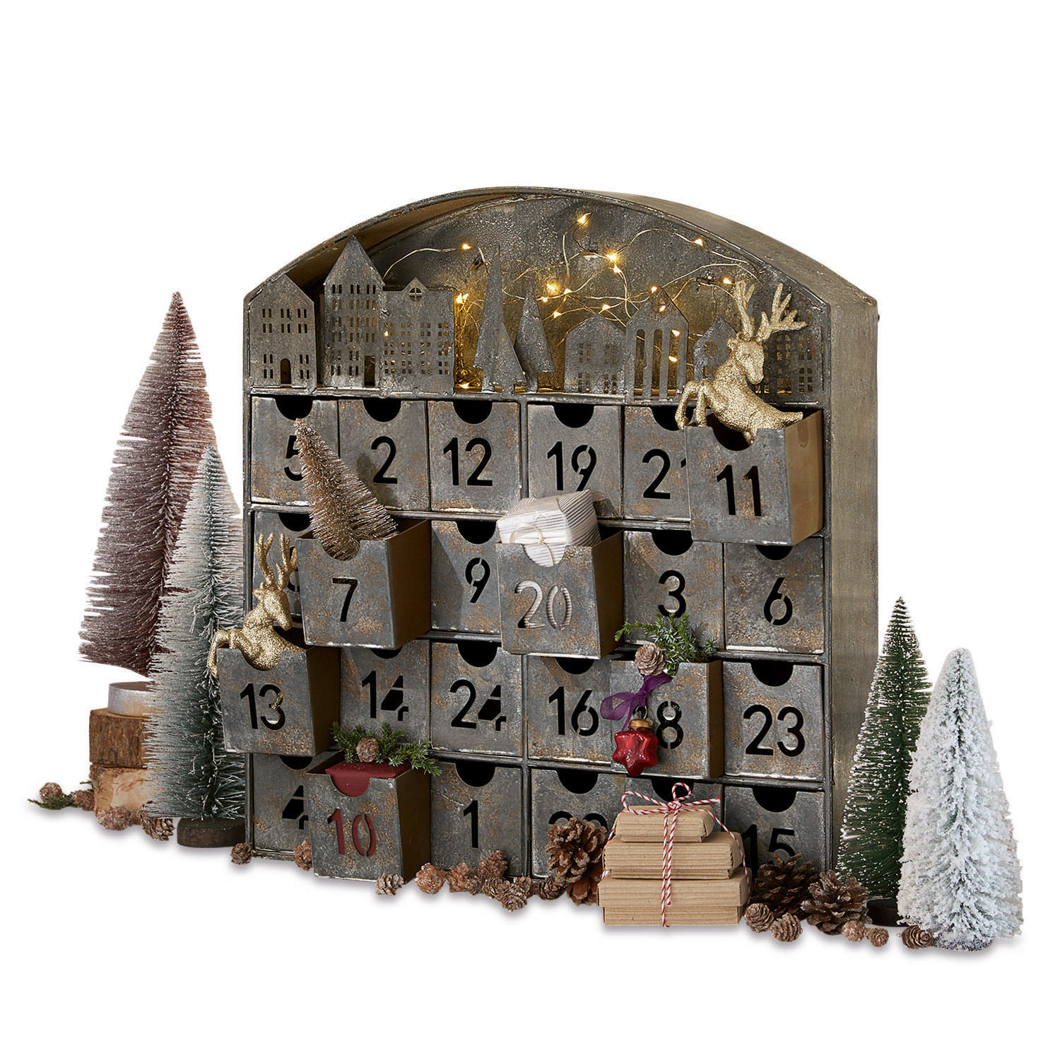 Adventskalender Léran Metall-Adventskalender mit nummerierten Schubladen und Vintage-Weihnachtsdekorationen