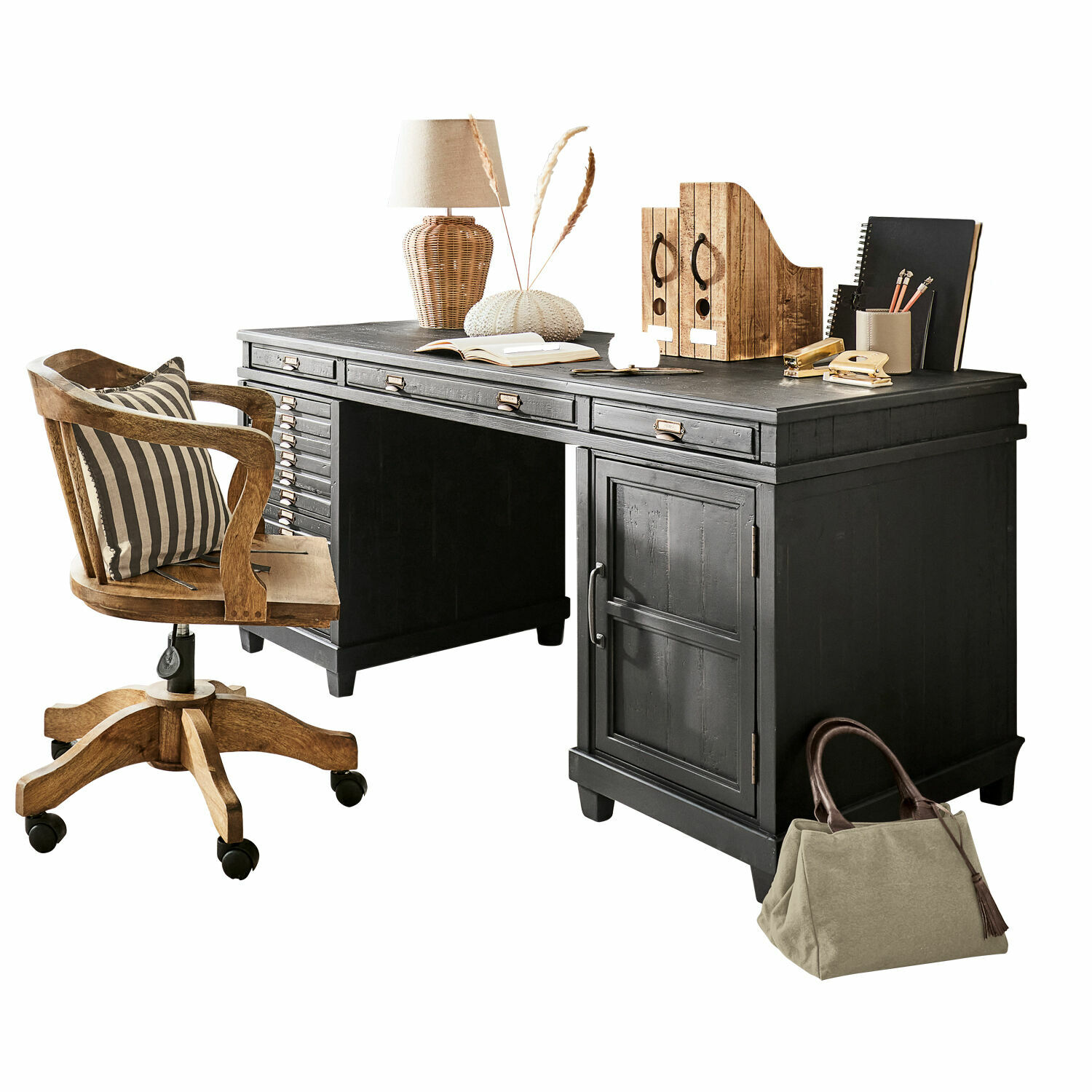 Schreibtisch Brevilliers Schwarzer Holzschreibtisch mit Schubladen und natürlichen Accessoires, stilvolles Homeoffice-Möbel