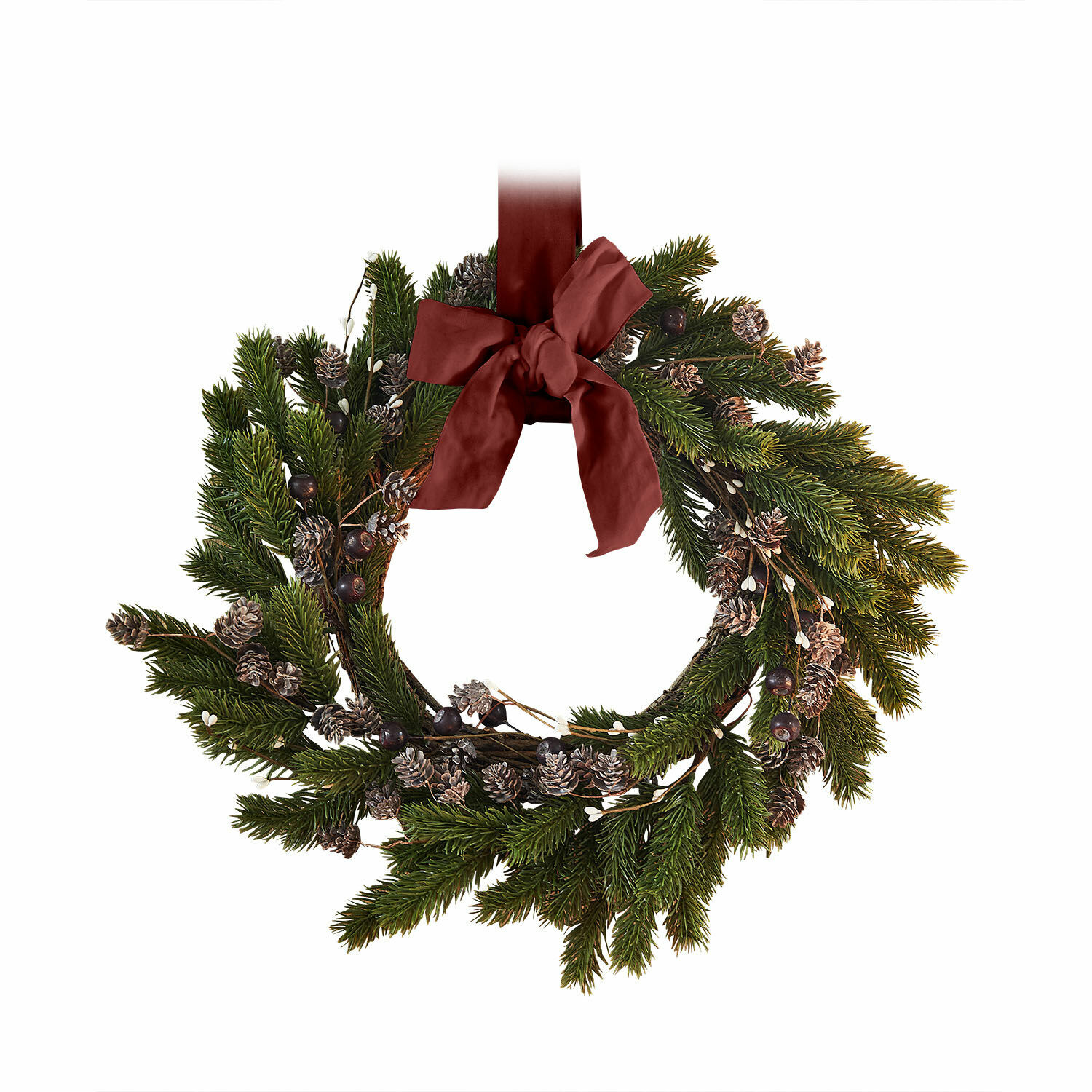 Kranz Lyandra Weihnachtskranz aus grünen Zweigen, Tannenzapfen und bordeauxroter Schleife als festliche Dekoration