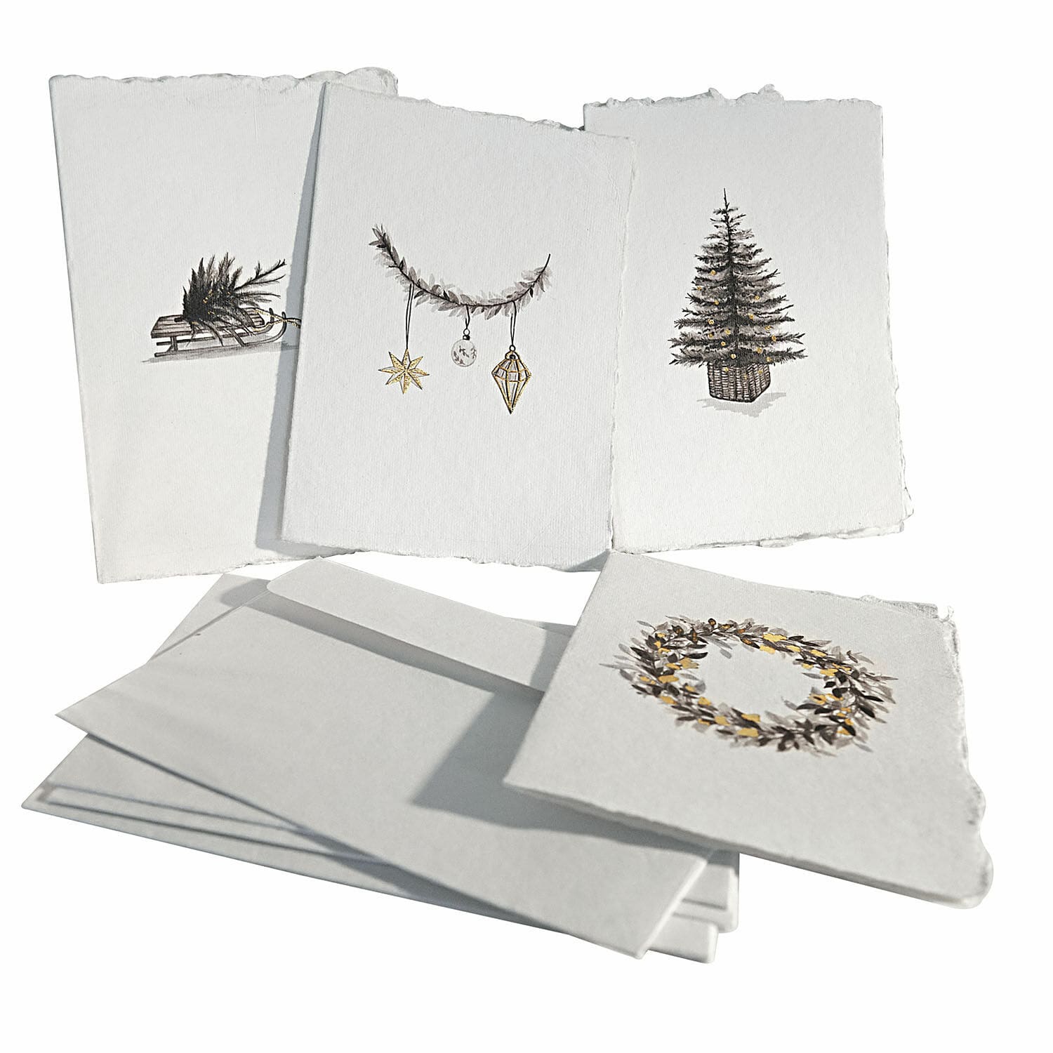 Geschenkkarte 4er Set Aelindor Set Weihnachtskarten mit Tannenbaum-, Kranz- und Dekorationsmotiven auf weissem Papier mit gezackten Rändern