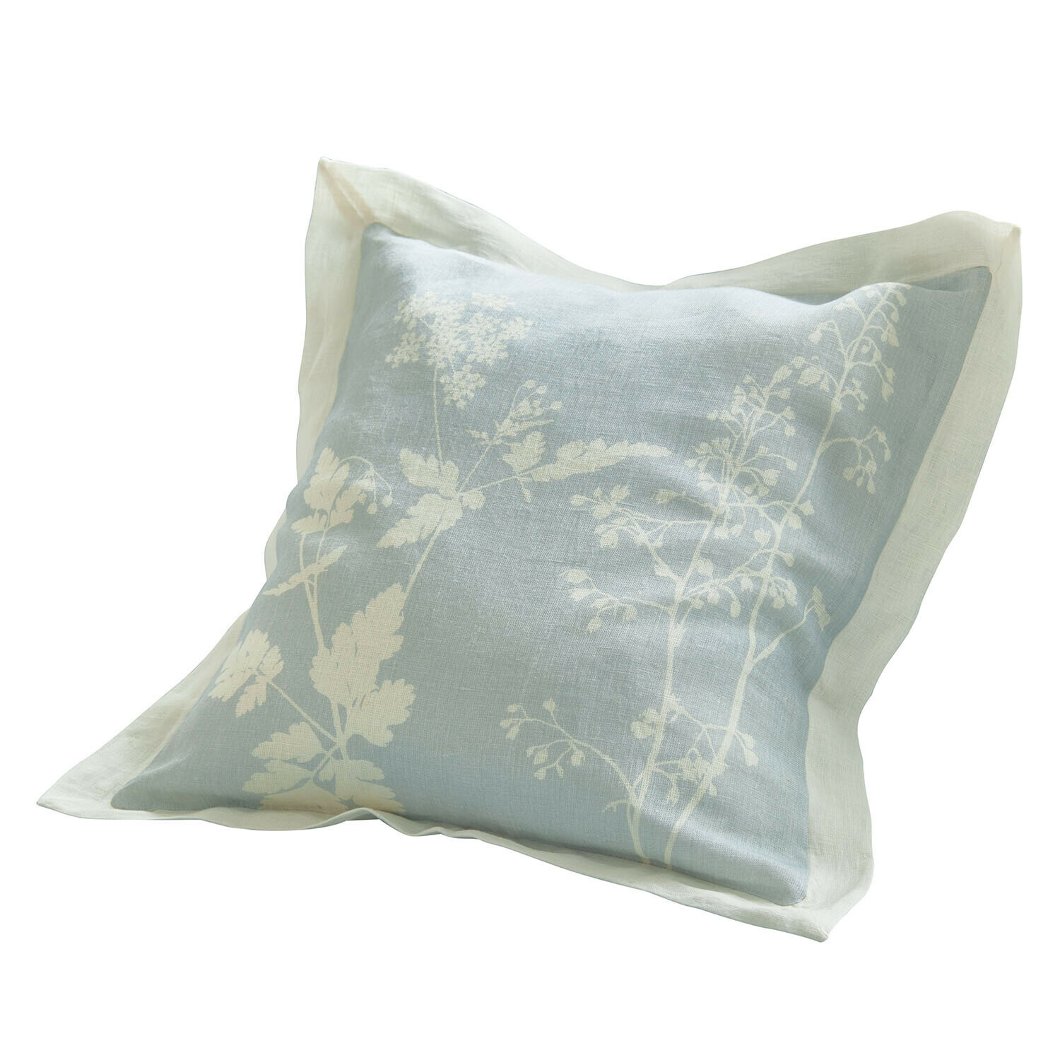 Kissenhülle Hazelwick Leinenkissen hellblau mit weissem Blumenmuster und cremefarbenem Rand für elegante Wohnakzente