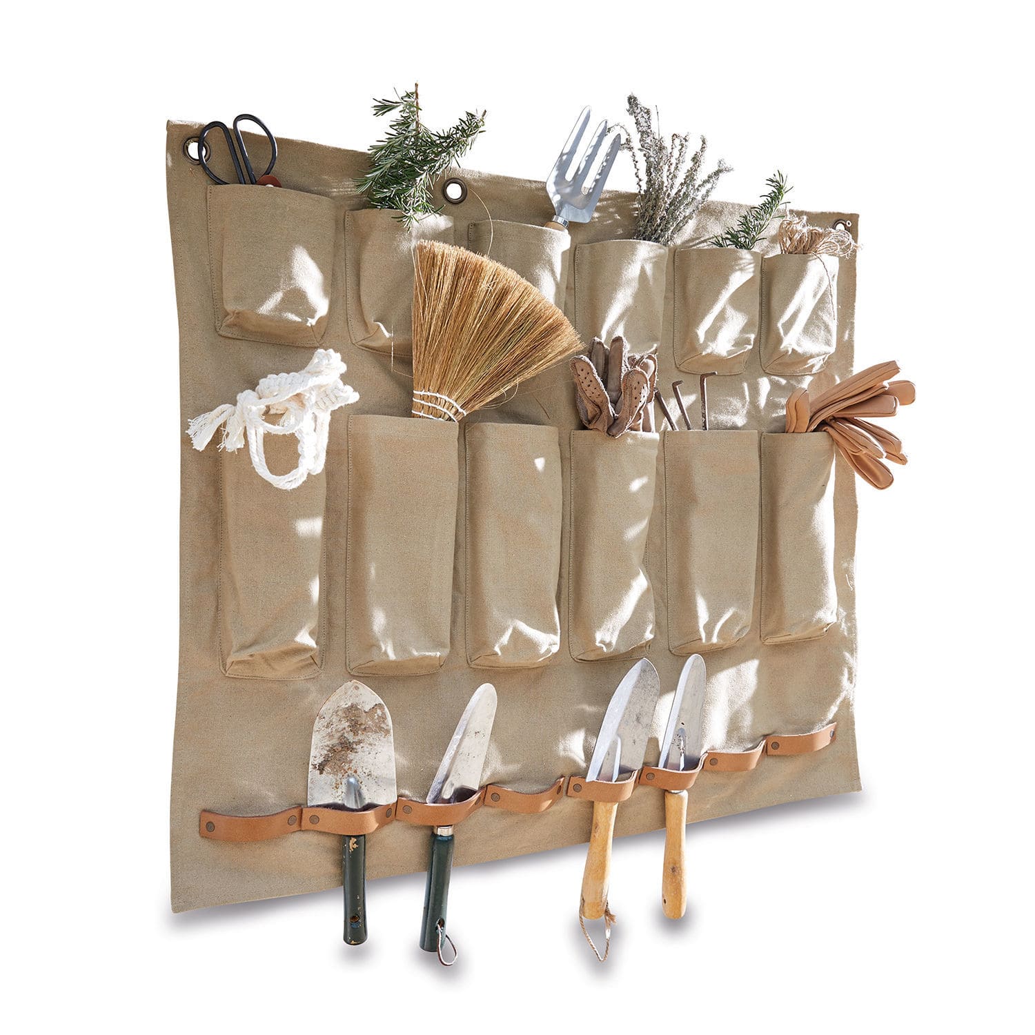 Beiger Stoff-Organizer mit Taschen und Lederschlaufen zur Aufbewahrung von Gartengeräten
