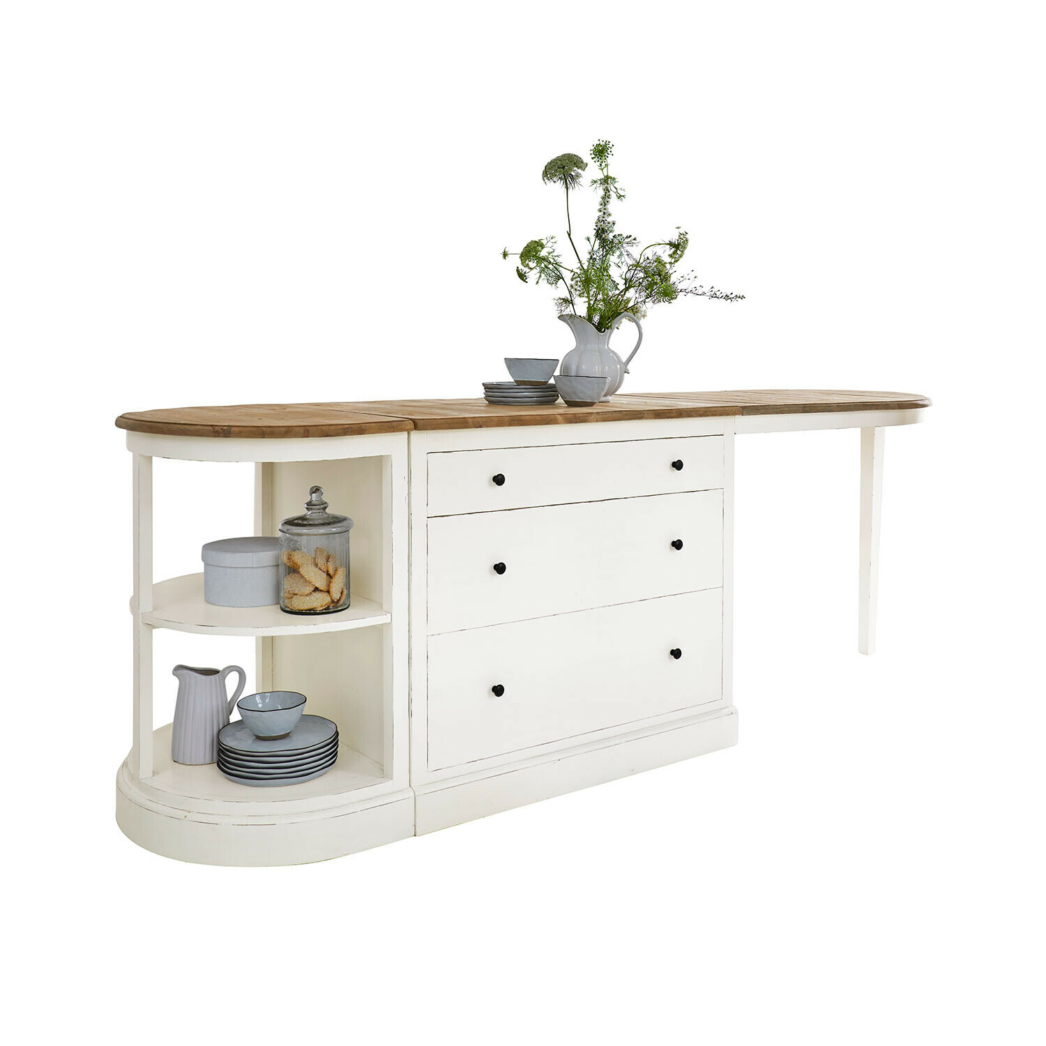Küchenblock Louisiana Weißer Holztisch mit Schubladen und Regalen, Naturholzplatte, dekorative Blumen