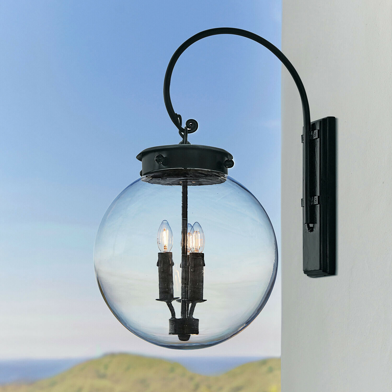 Außenwandlampe Serenaro Schwarze Metall-Wandleuchte mit klarem Glaskugel und drei LED-Lampen für Aussenbeleuchtung