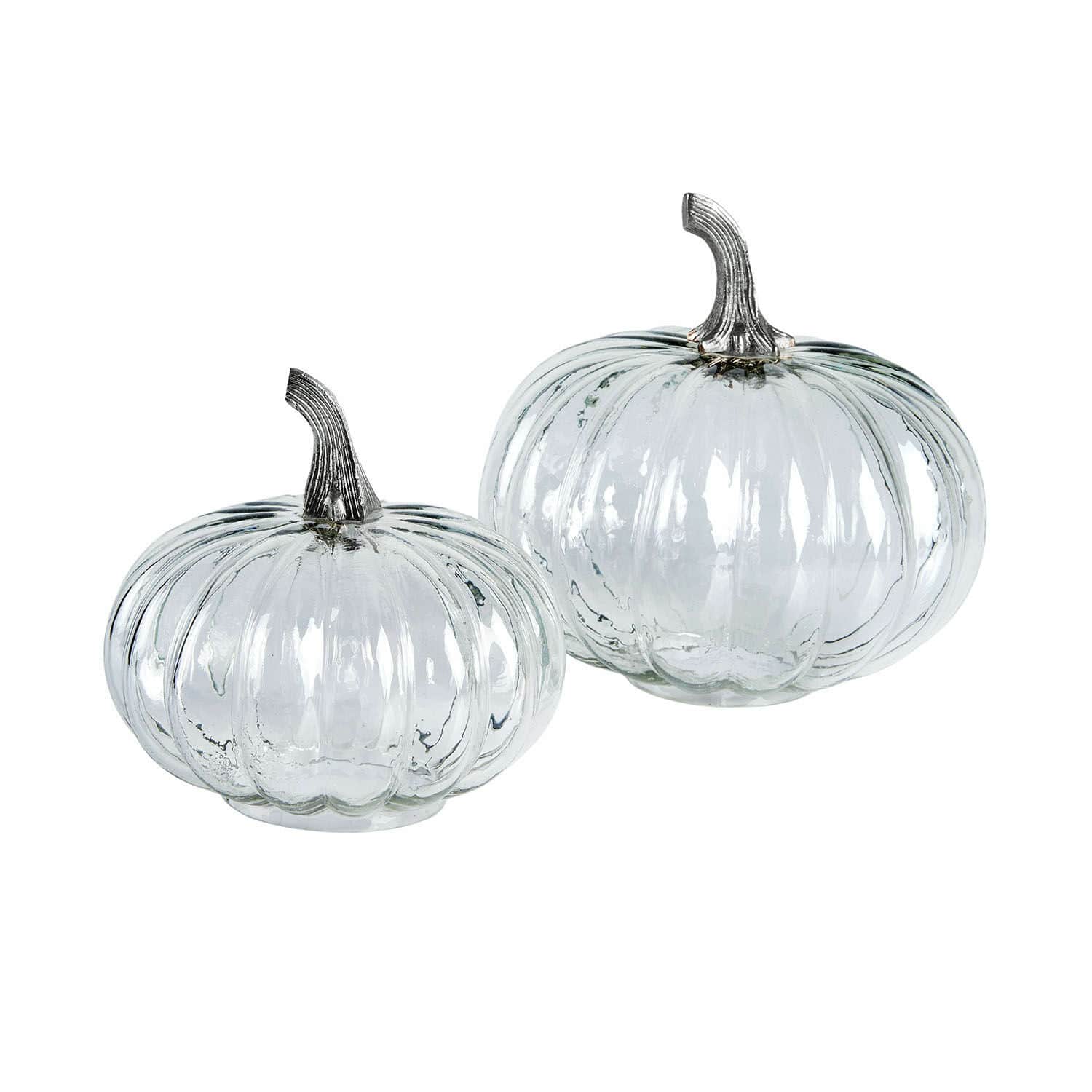 Kürbis 2er Set Perlouin Dekorative durchsichtige Glas-Kürbisse mit metallischen Stielen für herbstliche Dekoration