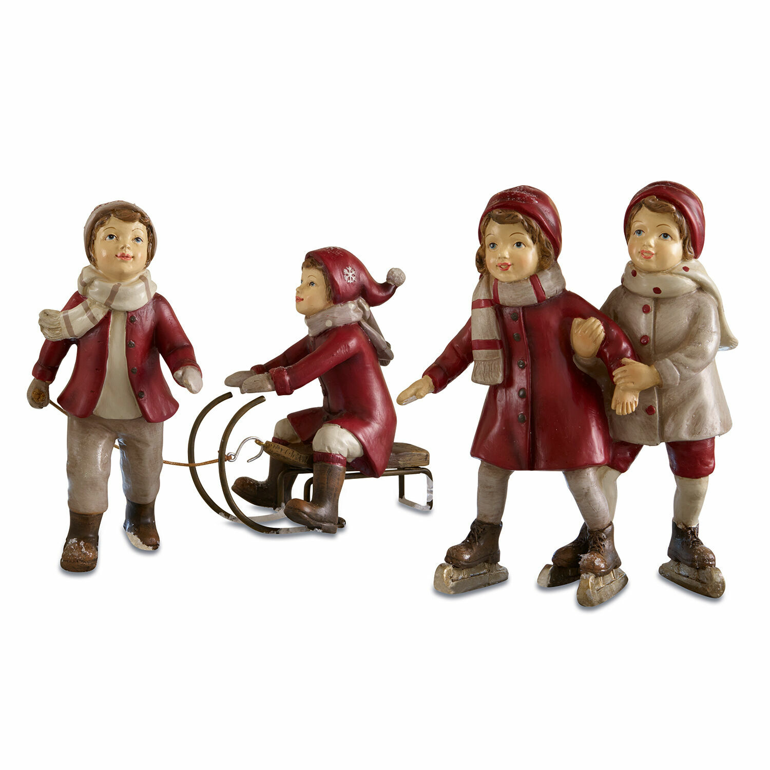 bunt Bunte Kinderfiguren in Winterkleidung mit Schlitten und Schlittschuhen, Weihnachtsdekoration