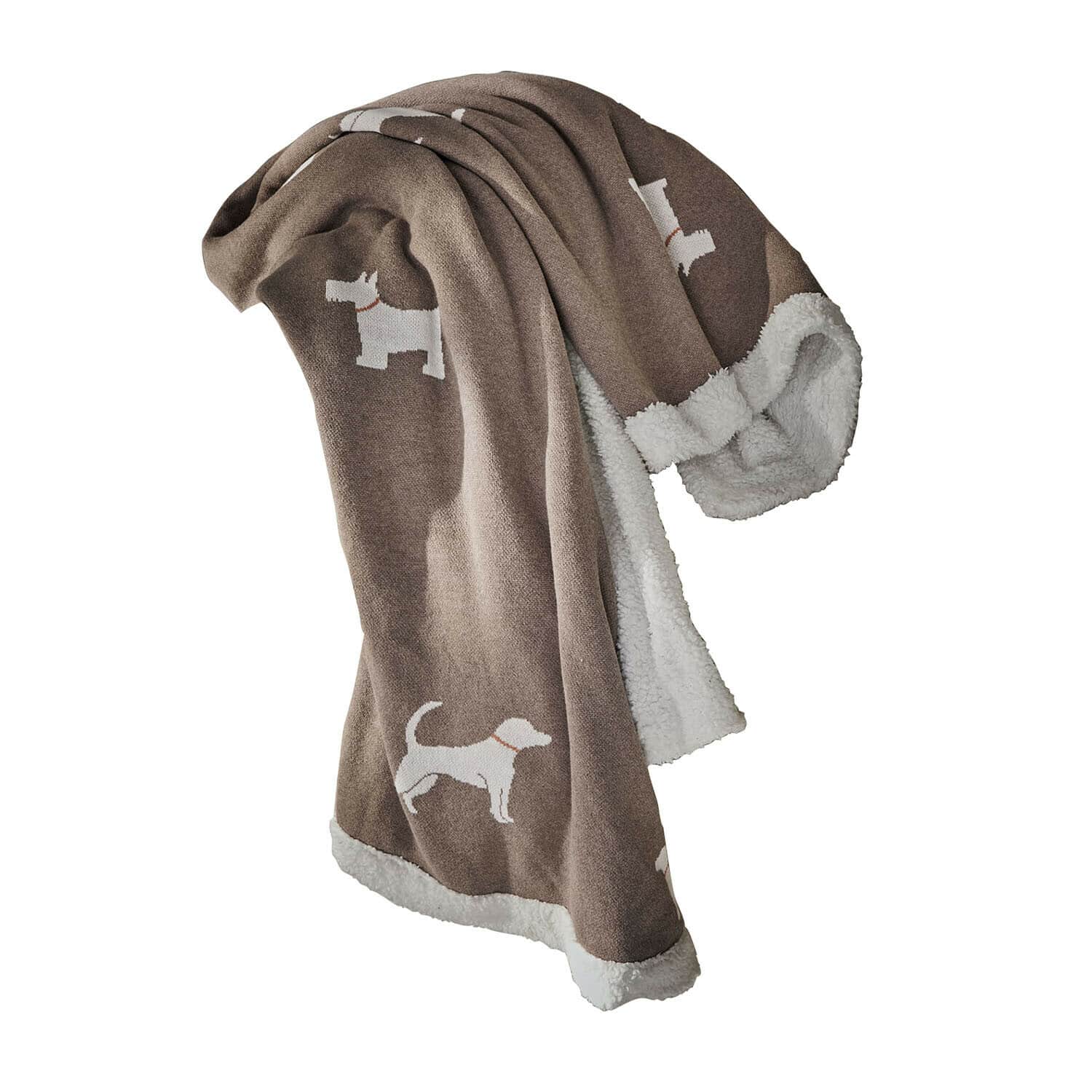 Hundedecke Olyden Braune Kuscheldecke mit weissem Teddyfutter und weissen Hundemotiven, weiches Material für gemütliche Momente