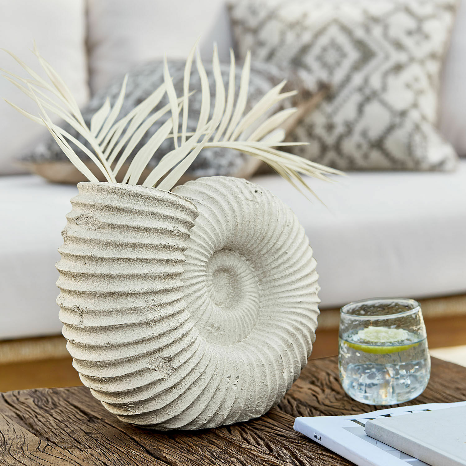 Vase Korrellin Dekorative Betonschalenvase in Muschelform mit hellen Blättern auf Holztisch im Wohnzimmer
