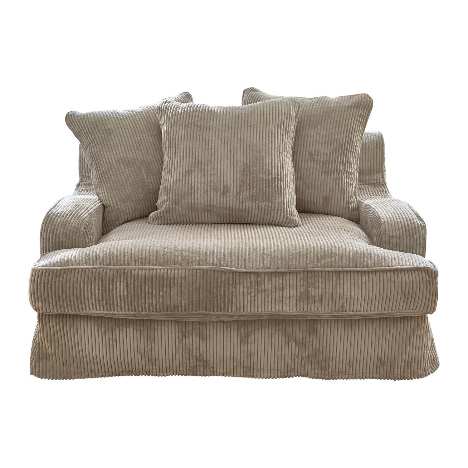 grau Graues Monaco-Sofa aus weichem Cordstoff mit drei Kissen, bequem für das Wohnzimmer.