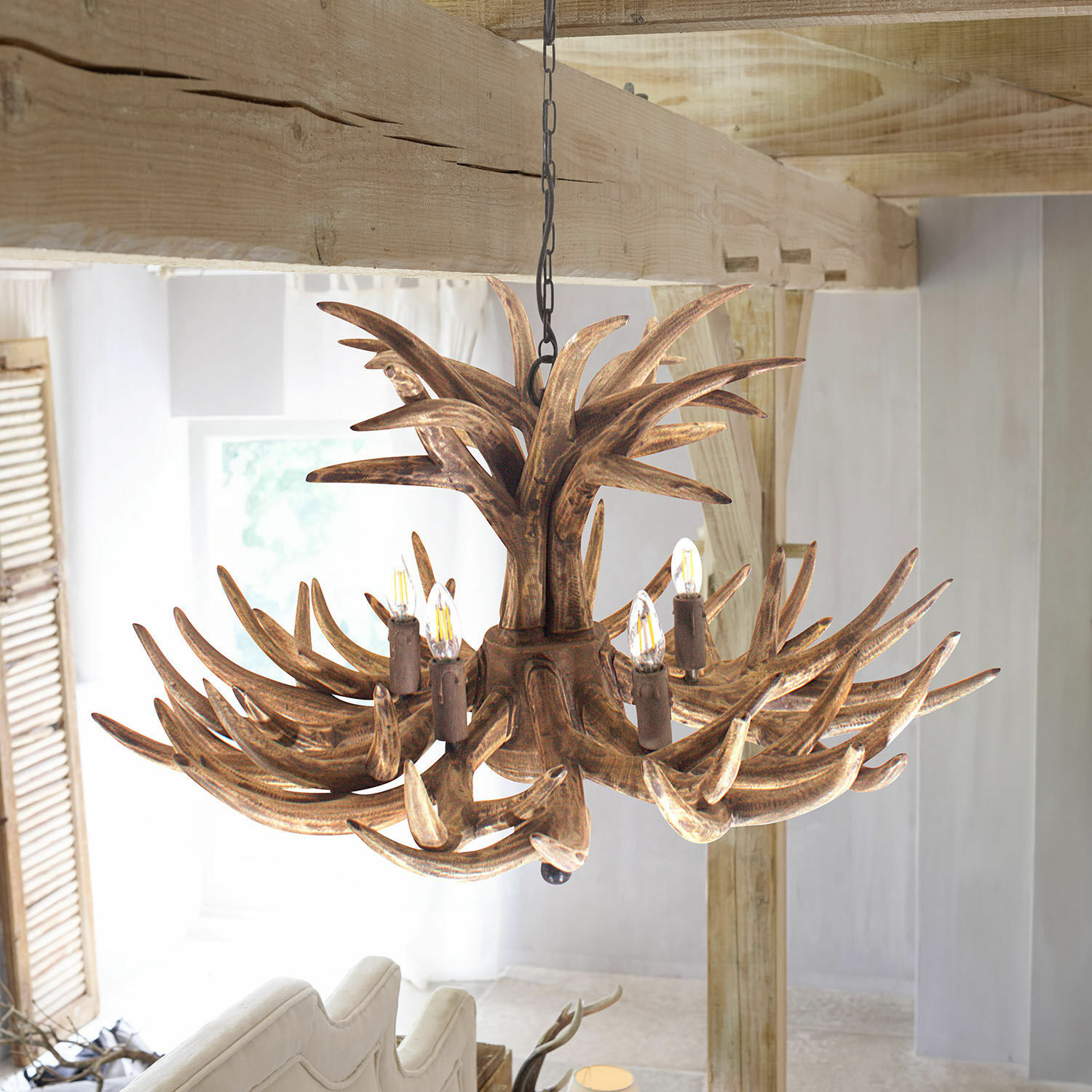 Leuchter Ardin Rustikaler Kronleuchter aus Holz in Geweihoptik, braun, dekorative Beleuchtung für das Wohnzimmer