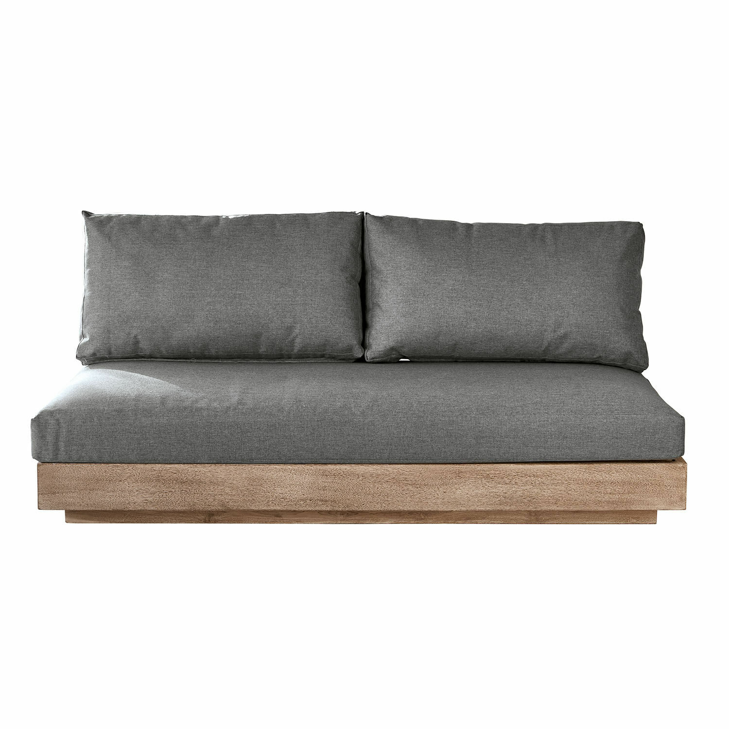 Sofaelement mit grauem Stoffbezug und brauner Holzunterlage, modernes Sitzmöbel