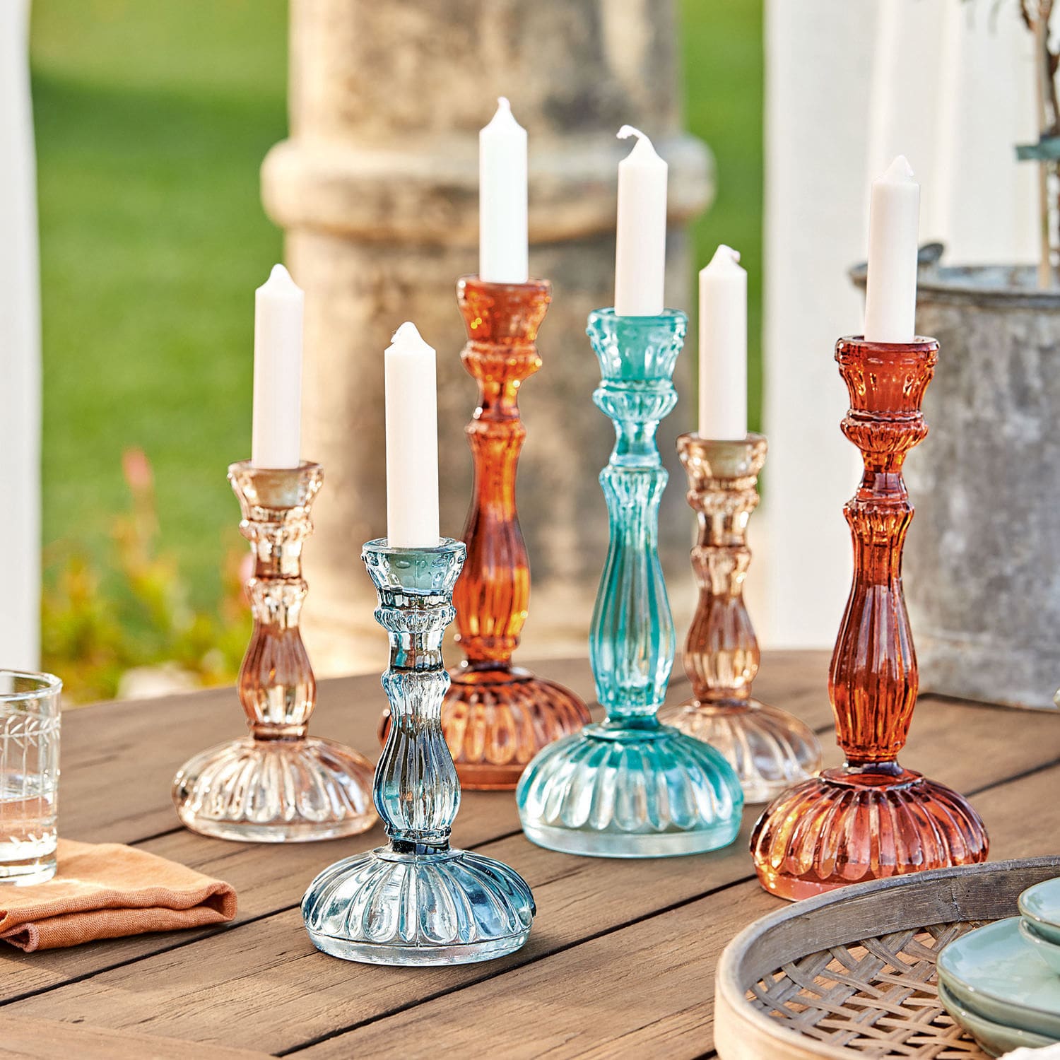 Kerzenständer 6er Set Indre Buntes Glas-Kerzenhalter-Set mit weissen Kerzen, dekorative Gartentischbeleuchtung