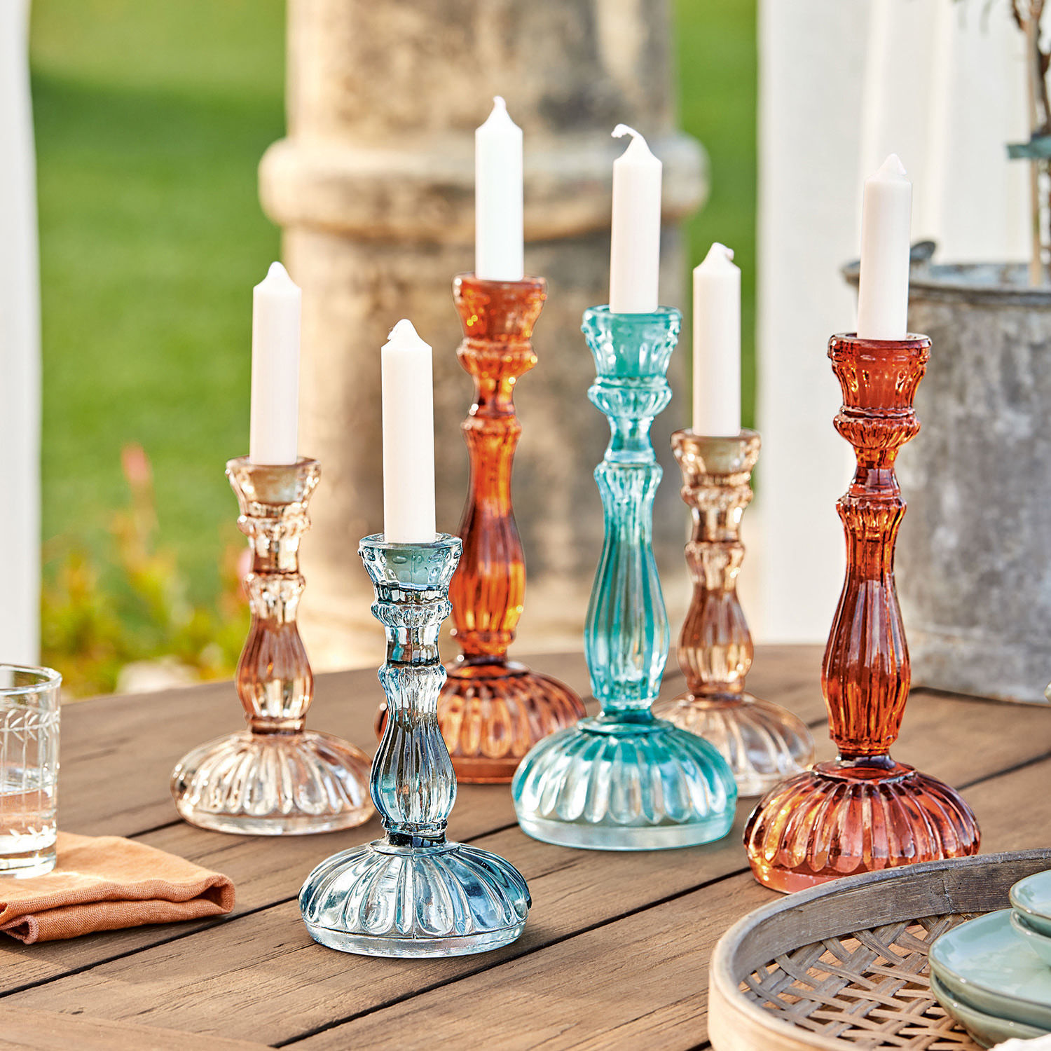 Kerzenständer 6er Set Indre Buntes Glas-Kerzenhalter-Set mit weissen Kerzen, dekorative Gartentischbeleuchtung