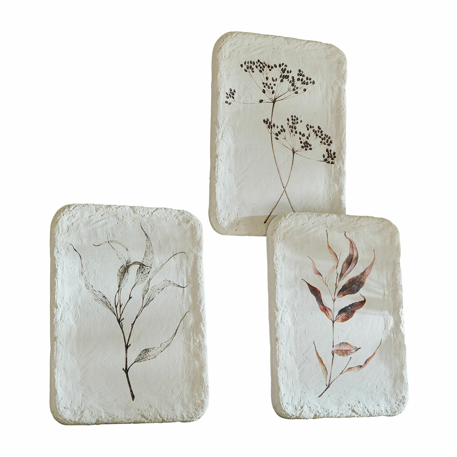 Bild 3er Set Hillsdale Set aus drei weissen Keramiktabletts mit getrockneten Pflanzenmotiven, natürliche Wohnaccessoires
