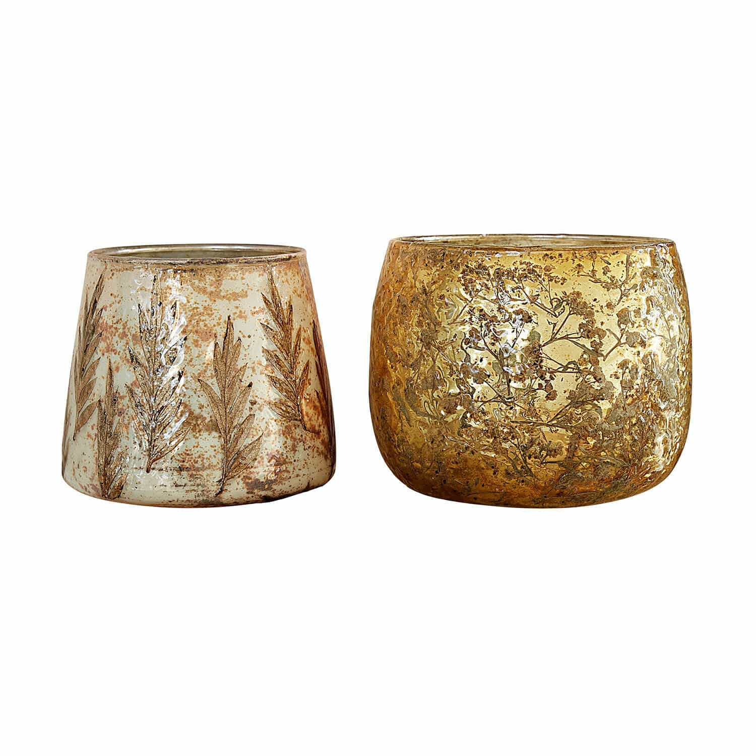 Windlicht 2er Set Hivalen Set aus zwei Glas-Teelichthaltern mit Pflanzenmotiven in Gold und Beige, stilvolle Wohnaccessoires