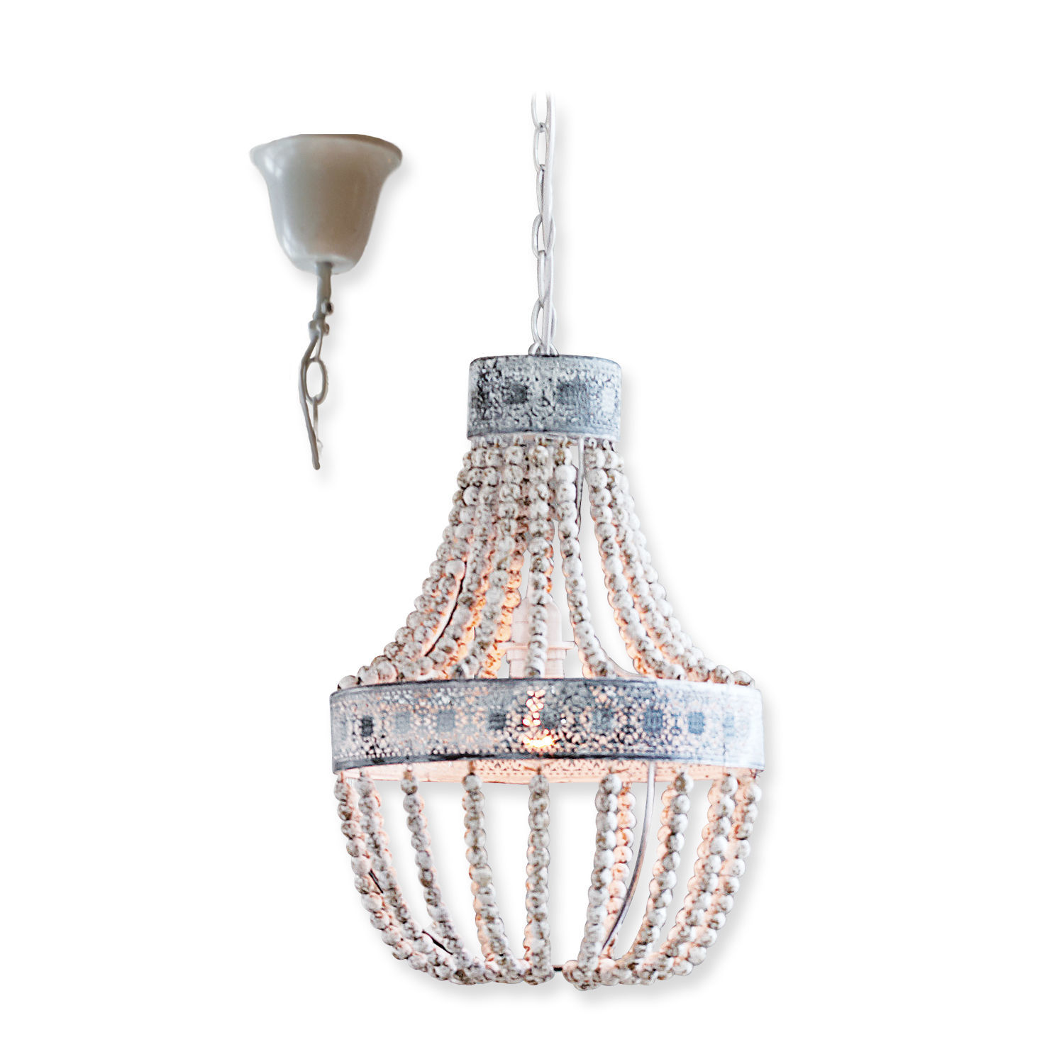 Hängelampe Valcourt Hängelampe aus weissen Holzperlen mit Metallring im Vintage-Stil für Wohnraumbeleuchtung