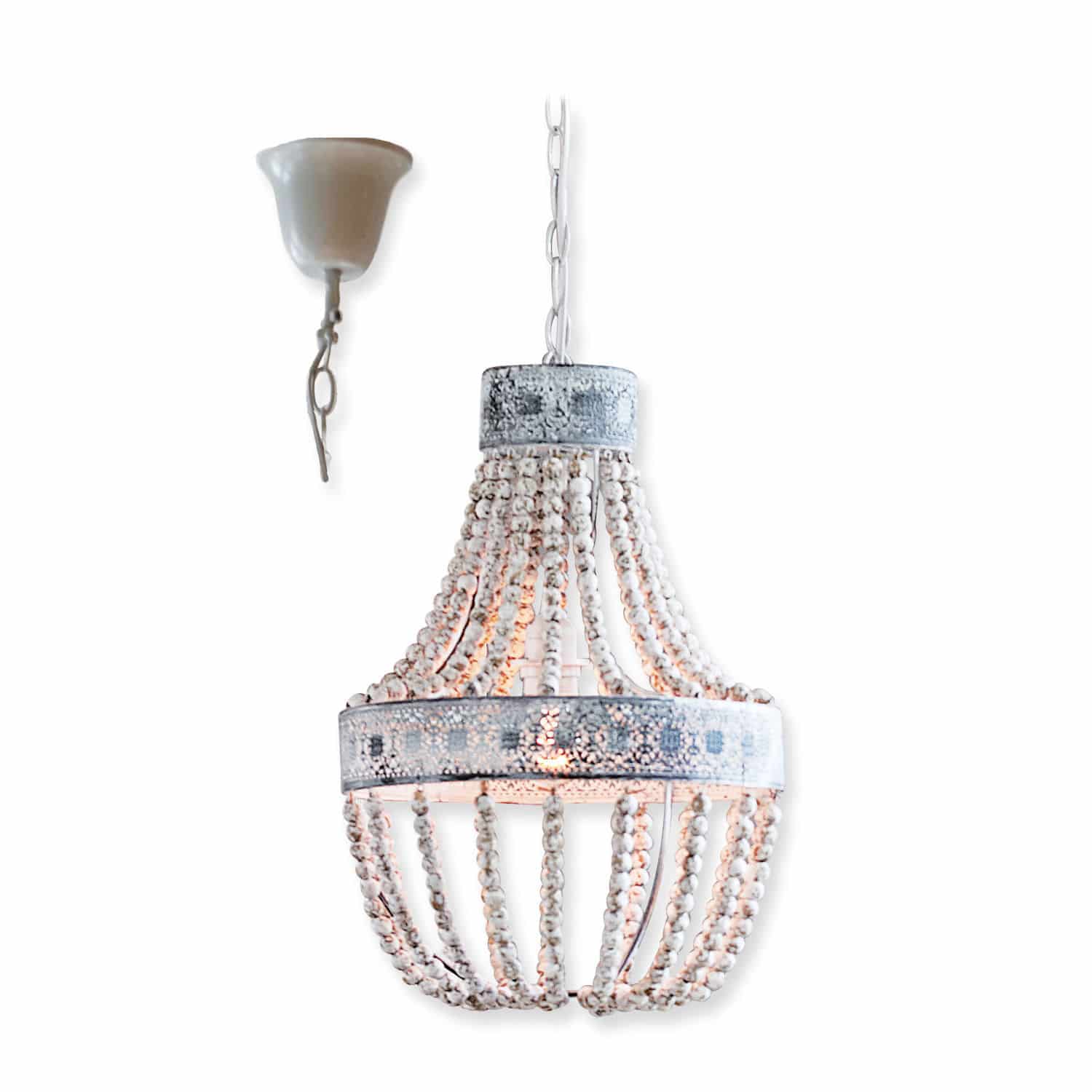 Hängelampe Valcourt Hängelampe aus weissen Holzperlen mit Metallring im Vintage-Stil für Wohnraumbeleuchtung