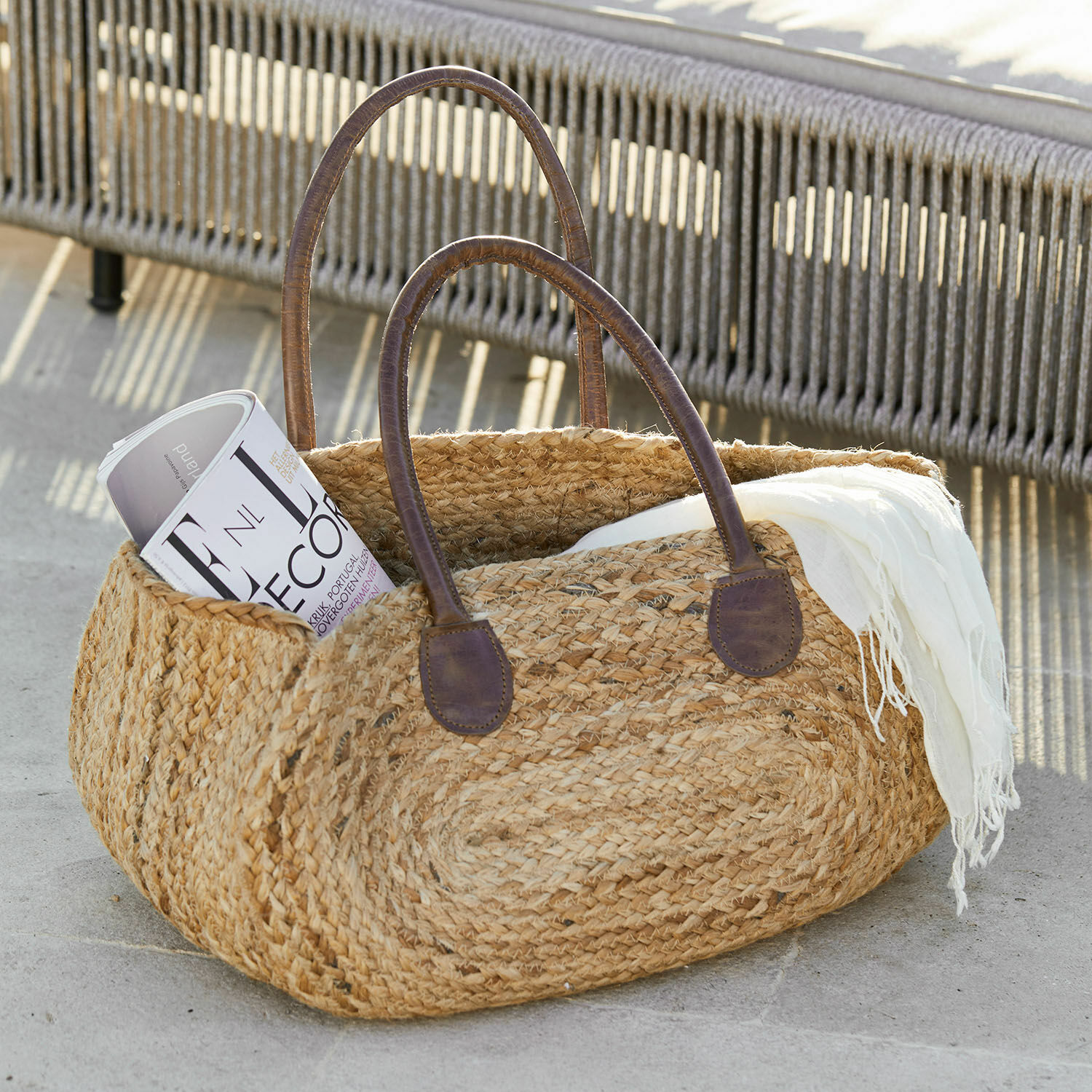 Tasche Gravesend Geflochtener Jutebeutel mit braunen Ledergriffen, Naturfarbe, stilvolle Einkaufstasche