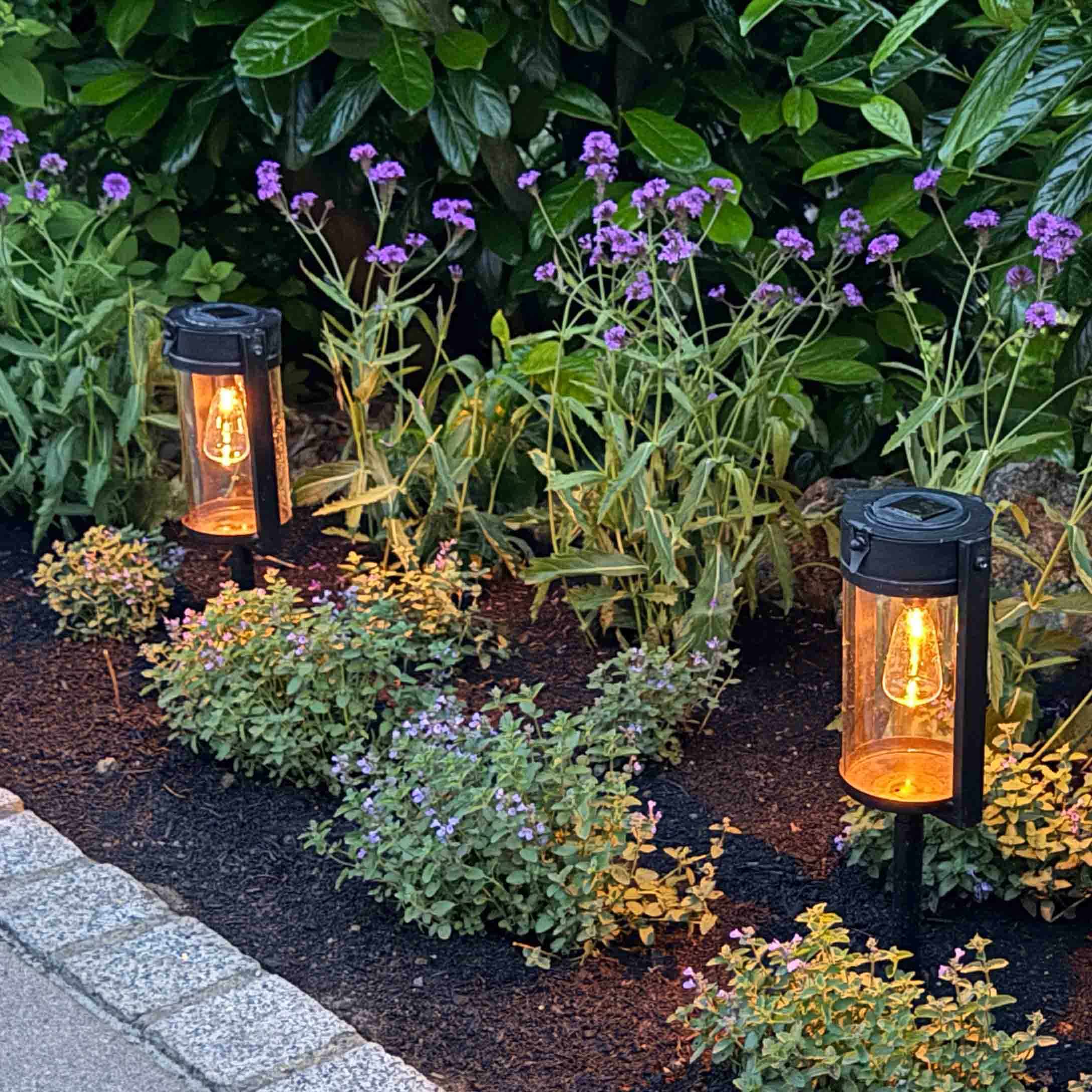 Gartenbeleuchtung aus schwarzem Metall mit warmem Licht zwischen grünen Pflanzen und violetten Blumen