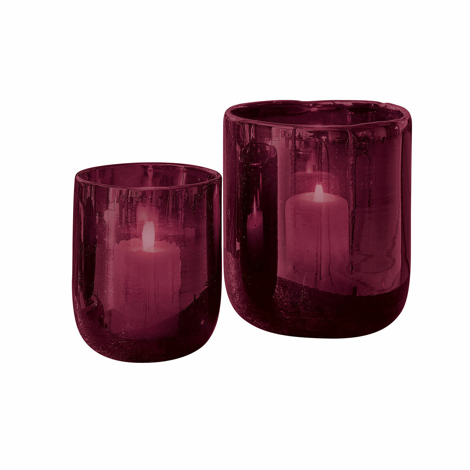 Windlicht 2er Set Theodor Set aus zwei bordeauxroten Glaswindlichtern mit brennenden Kerzen zur Wohnraumdekoration