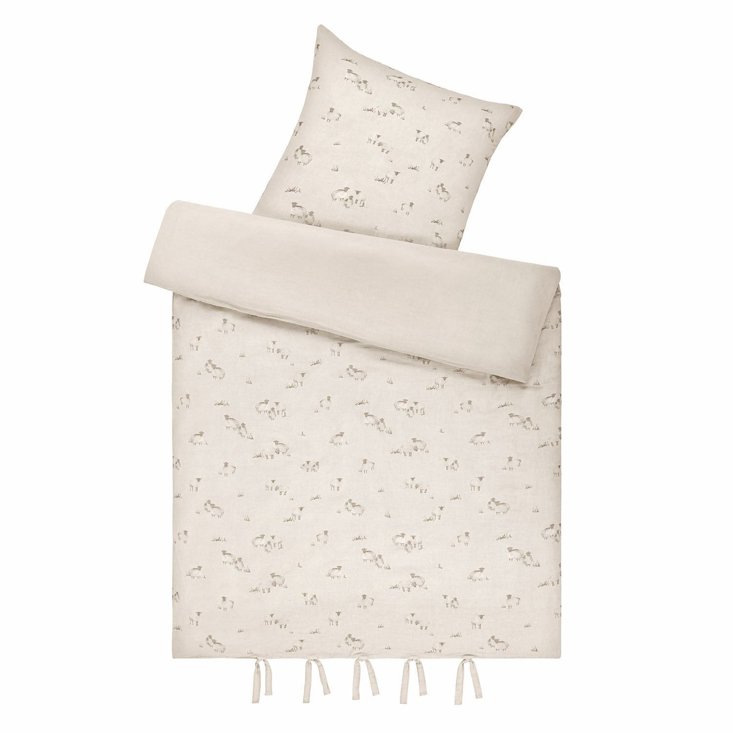Bettwäsche Erianna Leinen-Bettwäsche in hellem Beige mit feinem Schafmuster und Bändchen am Saum, Naturstoff