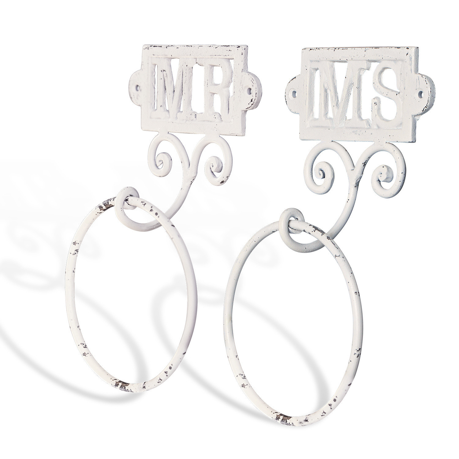 Weisse Metall-Handtuchhalter mit MR- und MS-Schriftzug im Vintage-Stil für Badezimmer