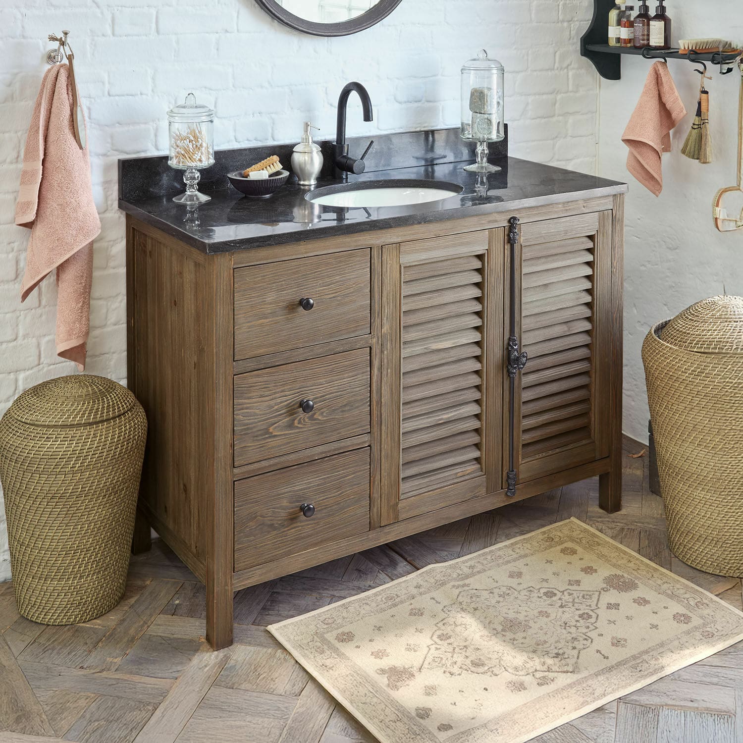 Waschtisch Ferocelle Holz-Badezimmerschrank mit schwarzer Marmorplatte und Waschbecken im rustikalen Stil