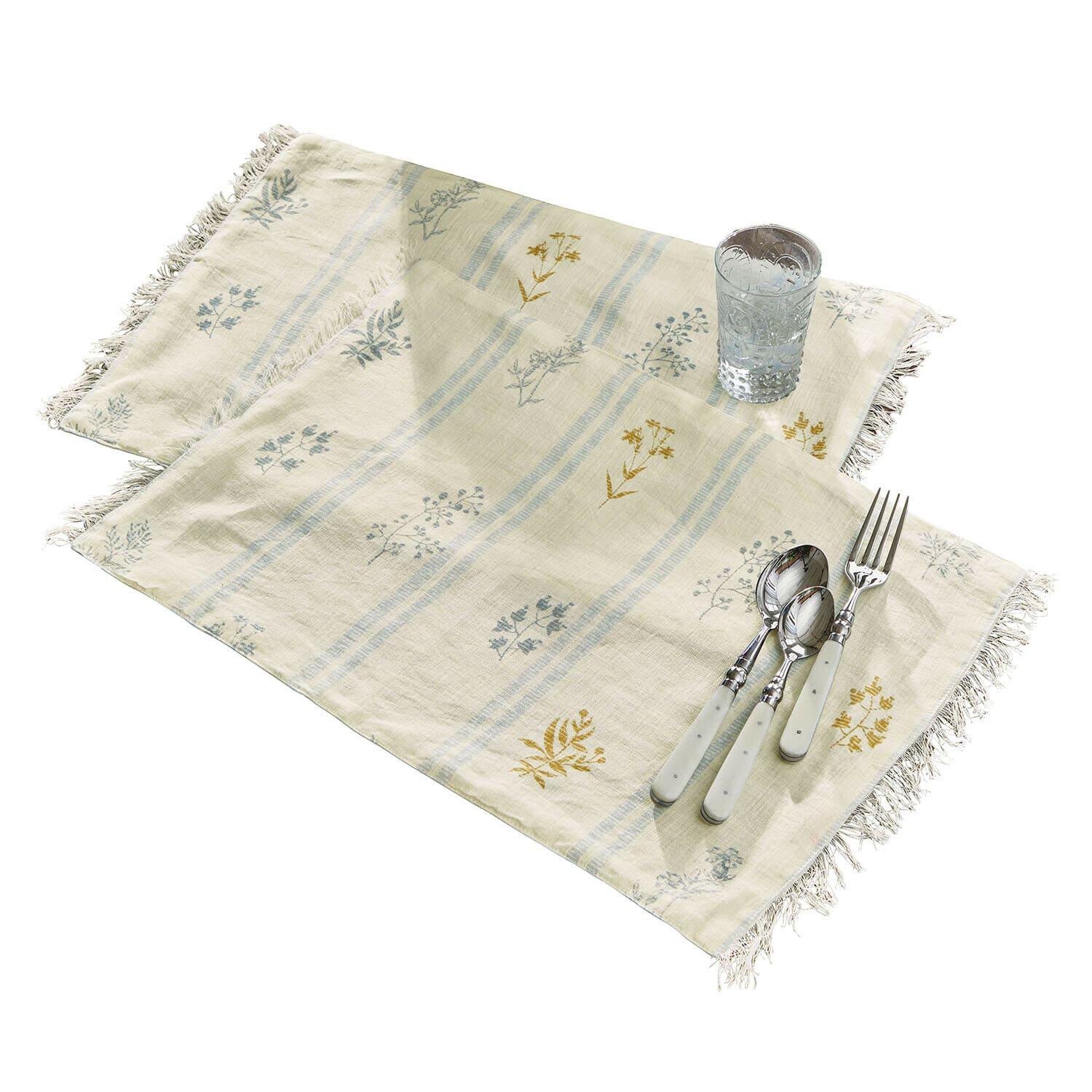 Platzset 2er Set Hazelwick Beige Leinen-Servietten mit Blumenmuster und Fransen, Tischdekoration mit Besteck und Glas