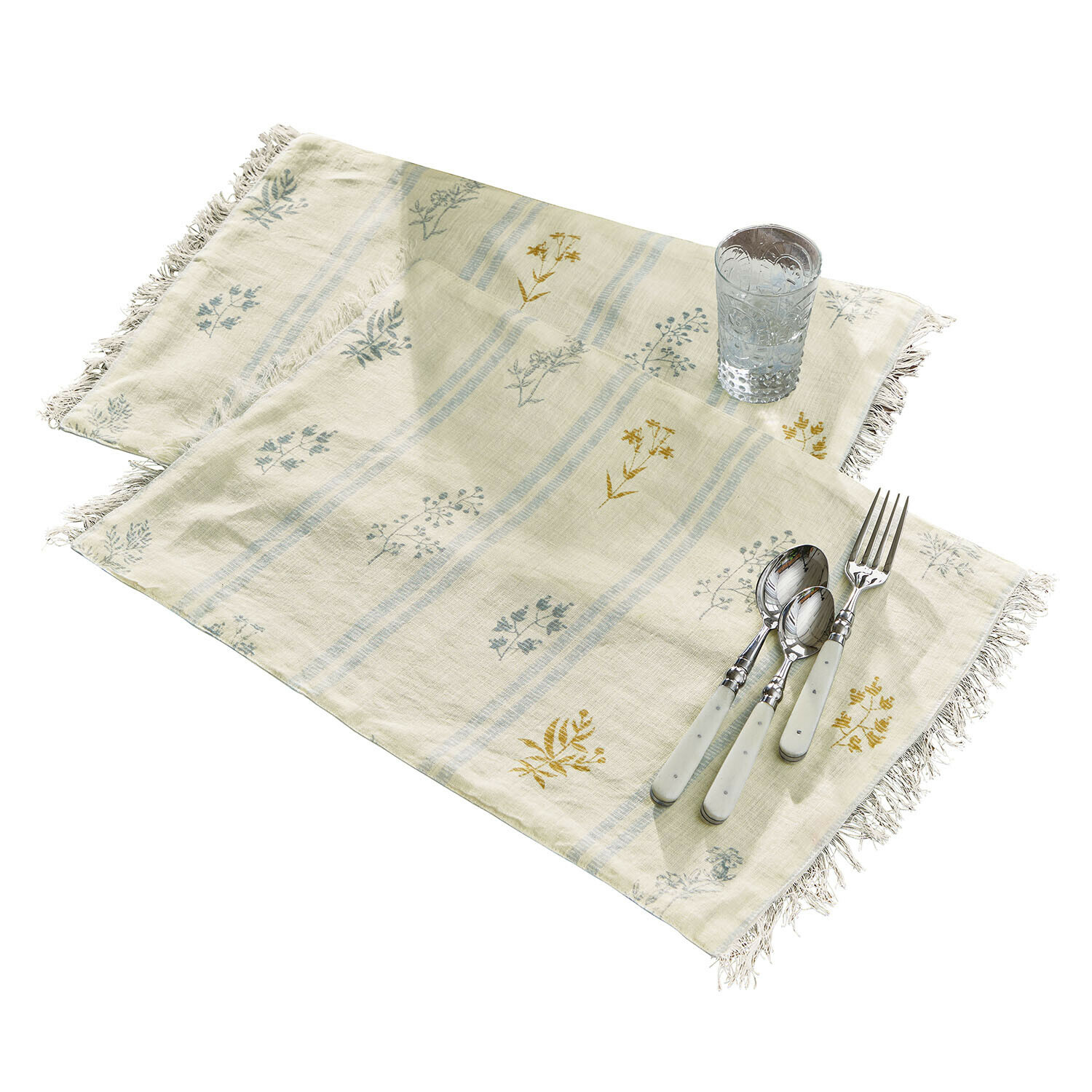 Platzset 2er Set Hazelwick Beige Leinen-Servietten mit Blumenmuster und Fransen, Tischdekoration mit Besteck und Glas