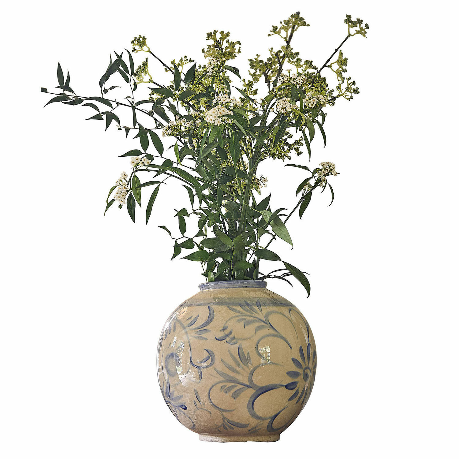 Vase Oviren Runde Keramikvase in Beige mit blauem Blumenmuster und grünen Zweigen als Dekoration