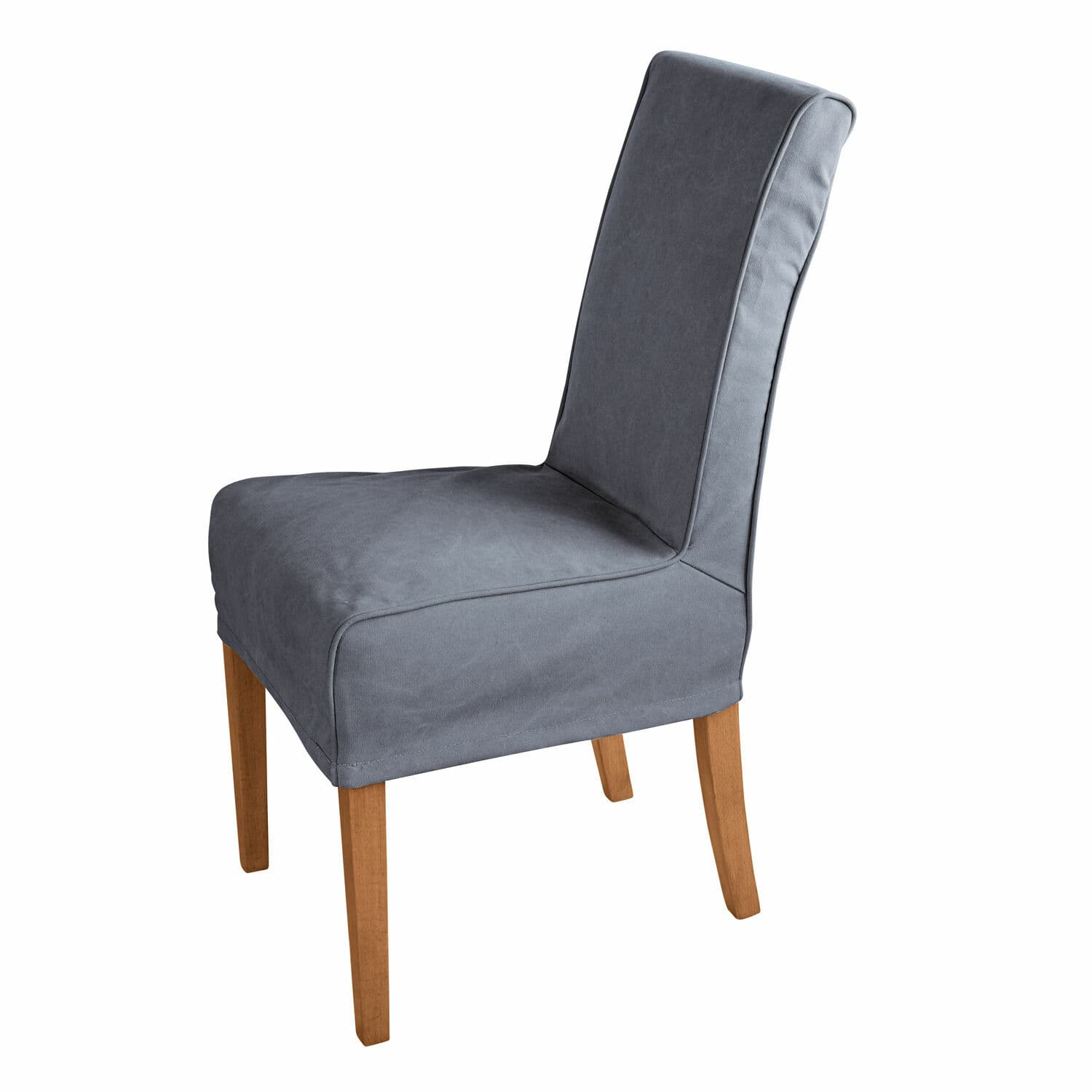 Eleganter Stuhl mit grauem Stoffbezug und Holzbeinen, passend fürs Esszimmer