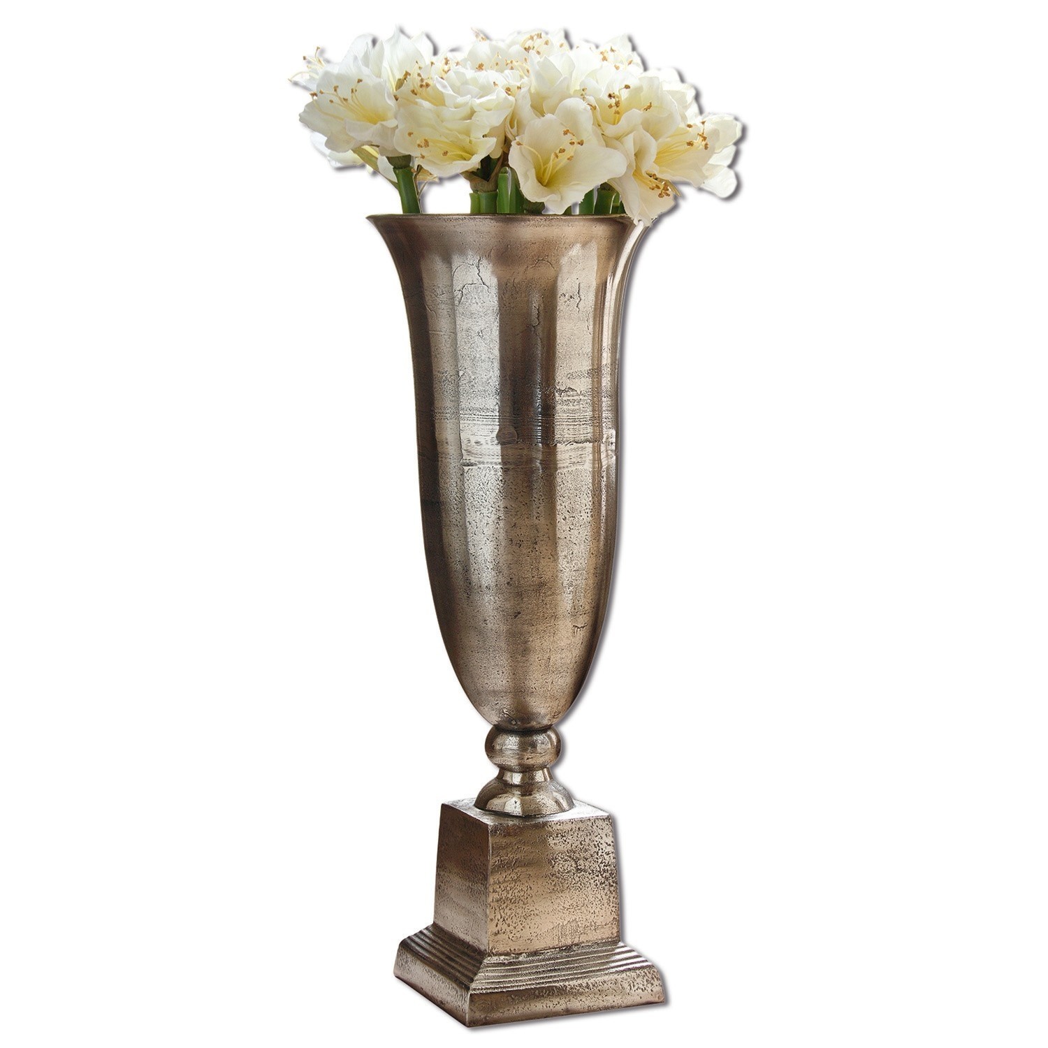 Bodenvase Belfort Hohe silberne Metallvase mit weissen Blumen zur stilvollen Wohnraumdekoration