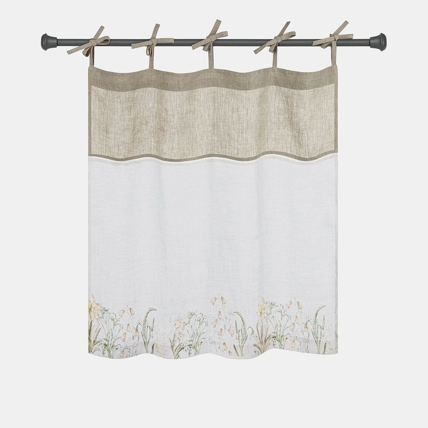 Scheibengardine Lozere Beige Leinen-Gardine mit Blumenmuster und Bindebändern zum Aufhängen an der Gardinenstange