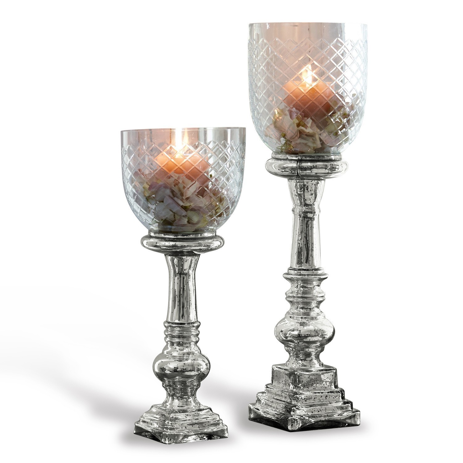 Kerzenständer 2er Set Layci Zwei dekorative Kerzenhalter aus Glas mit Relief und metallischem Glanz, elegantes Wohnaccessoire