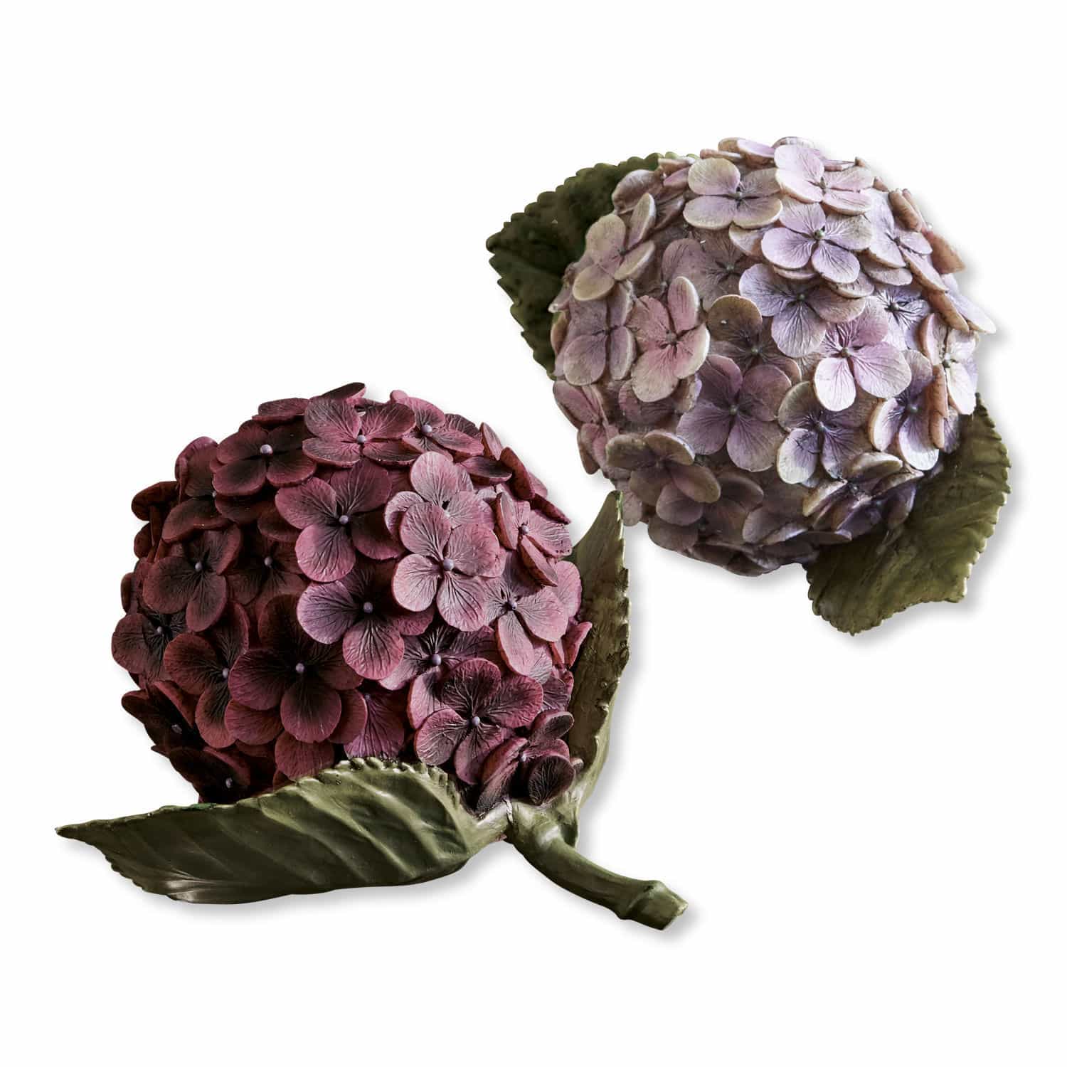 Dekoblume 2er Set Hortensie Dekorative Hortensien in Rosa- und Violetttönen mit grünen Blättern auf weissem Hintergrund