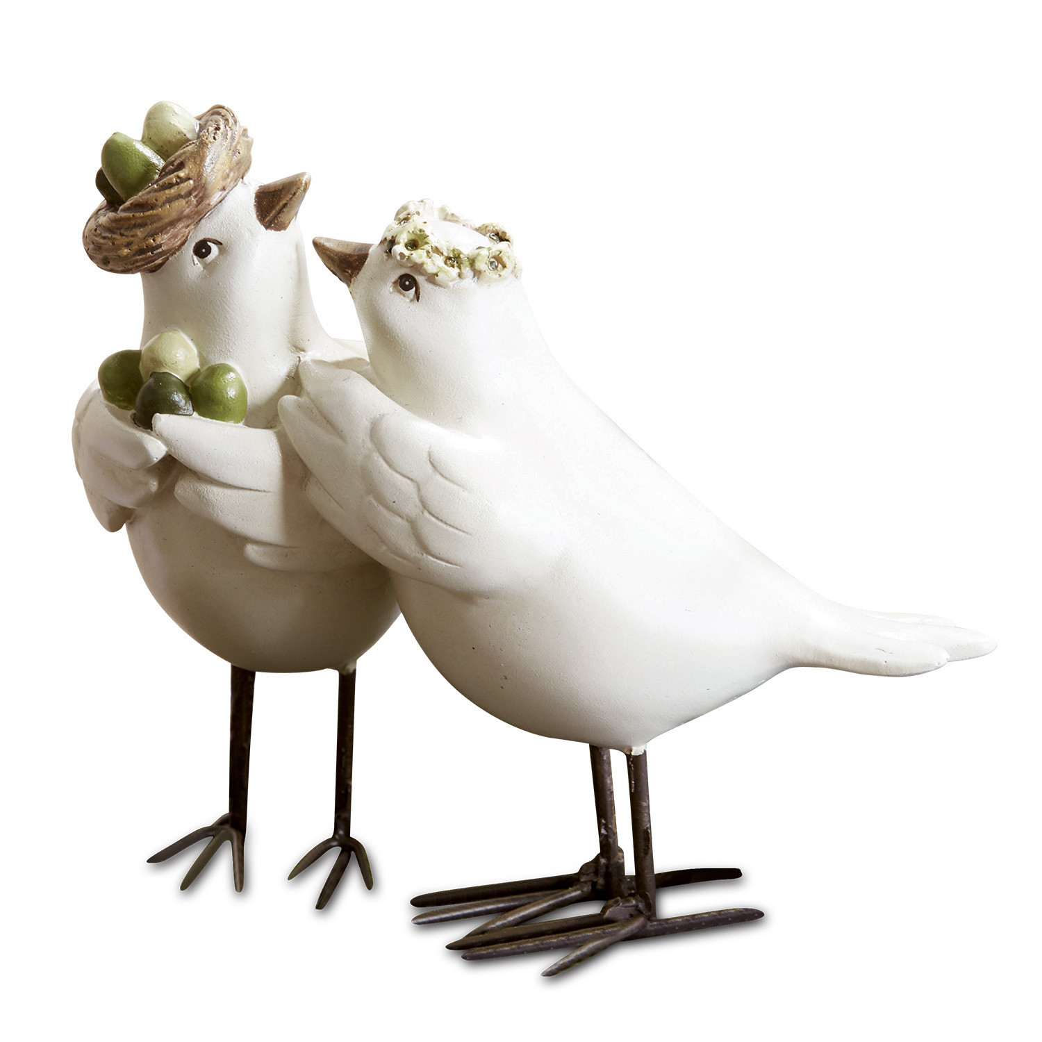 Vogelpaar Orne Dekorative weisse Vögel aus Metall und Keramik mit grünen Akzenten, Wohn- und Gartendekoration