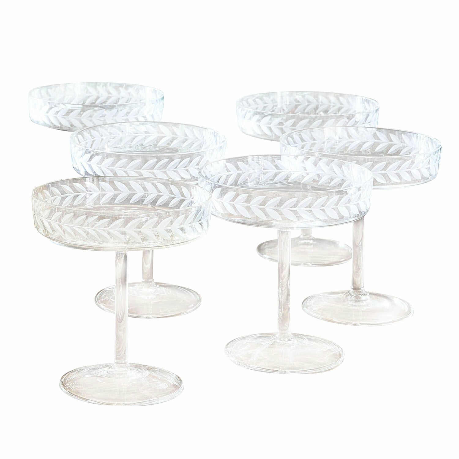 Champagnerglas 6er Set Macomb Set aus sechs transparenten Stielgläsern mit graviertem Blattmuster, dekoratives Glas