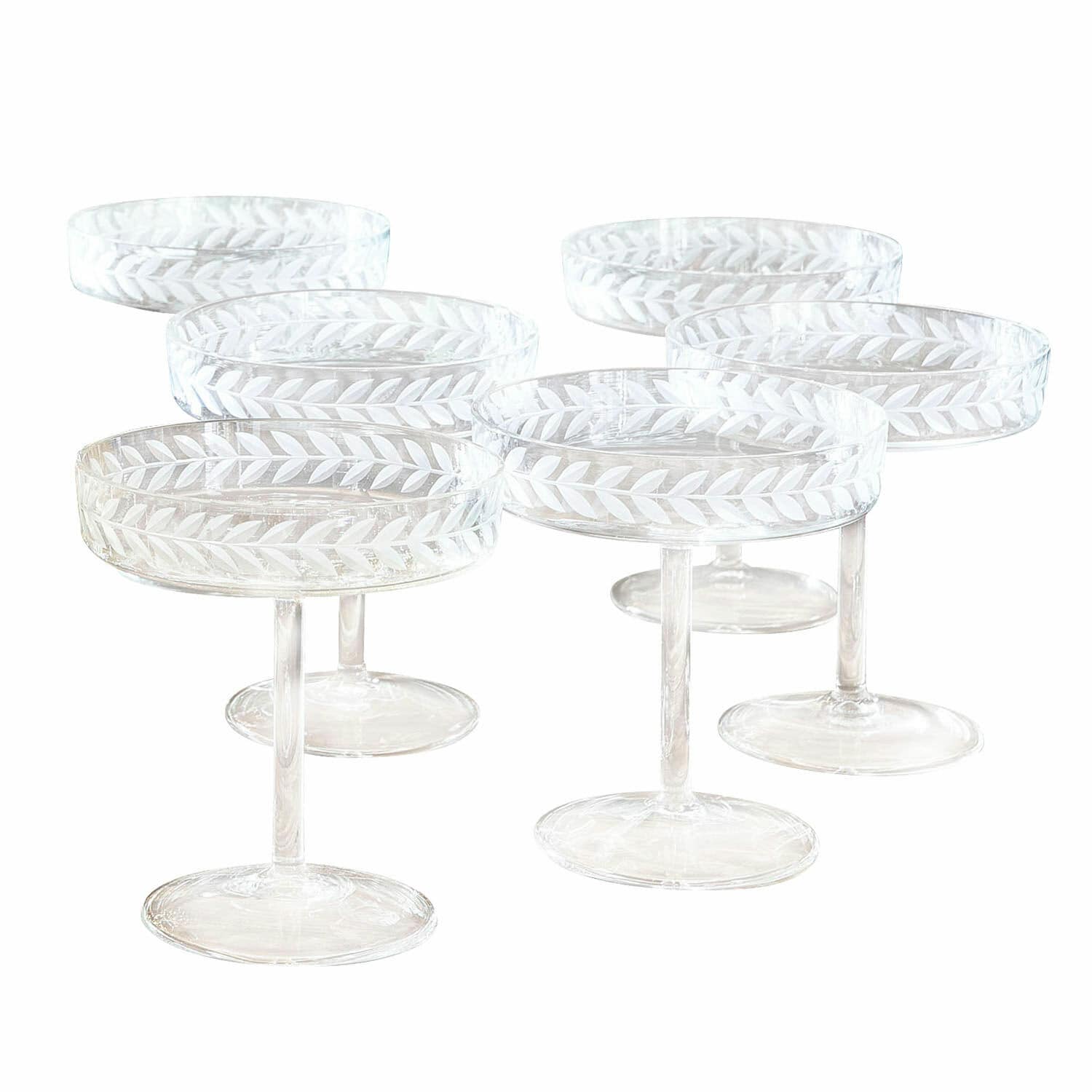 Champagnerglas 6er Set Macomb Set aus sechs transparenten Stielgläsern mit graviertem Blattmuster, dekoratives Glas