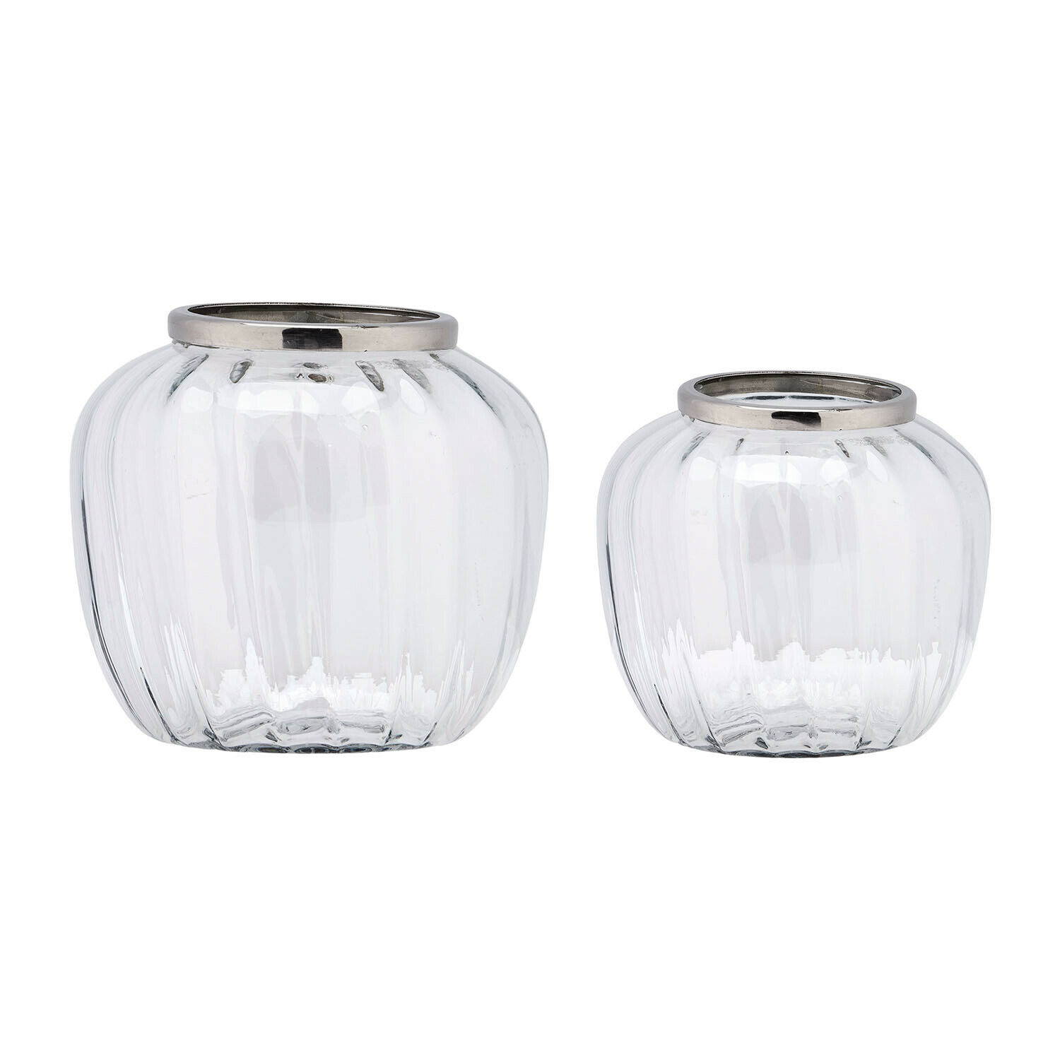 Windlicht 2er Set Fioren Set mit zwei transparenten Glaswindlichtern mit silberfarbenen Metallringen