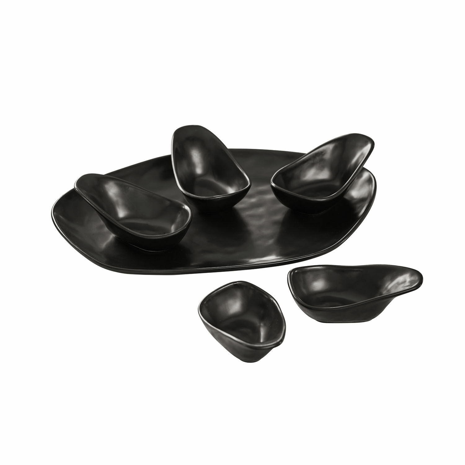 6-teiliges Set schwarze Keramik-Servierschälchen Biarritz auf grossem Teller für Snacks
